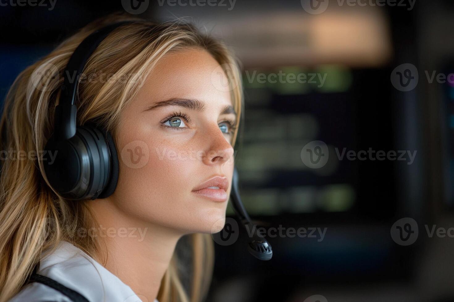 A woman wearing headphones in an airport photo