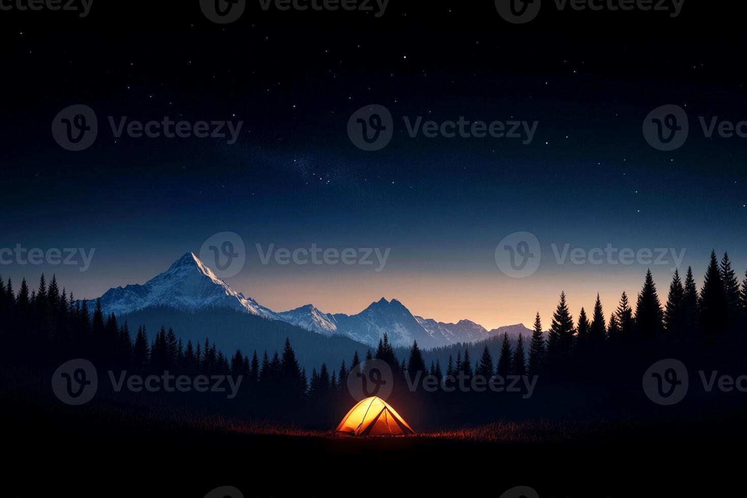 A tent is lit up in the night sky with mountains in the background photo