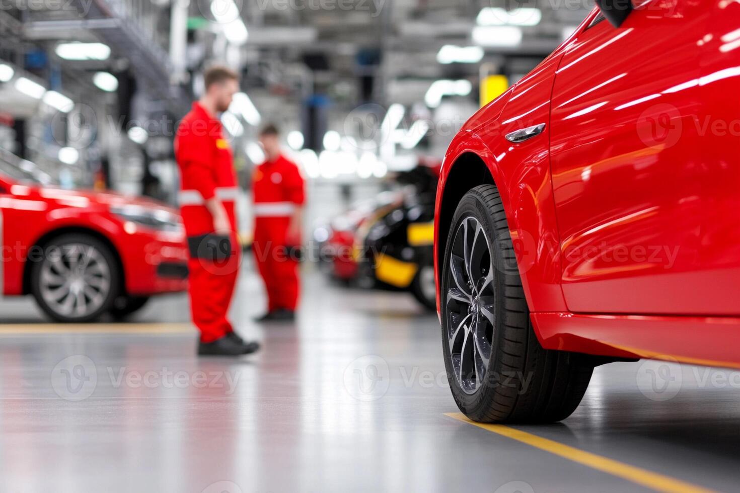 A red car is being worked on in an assembly line photo