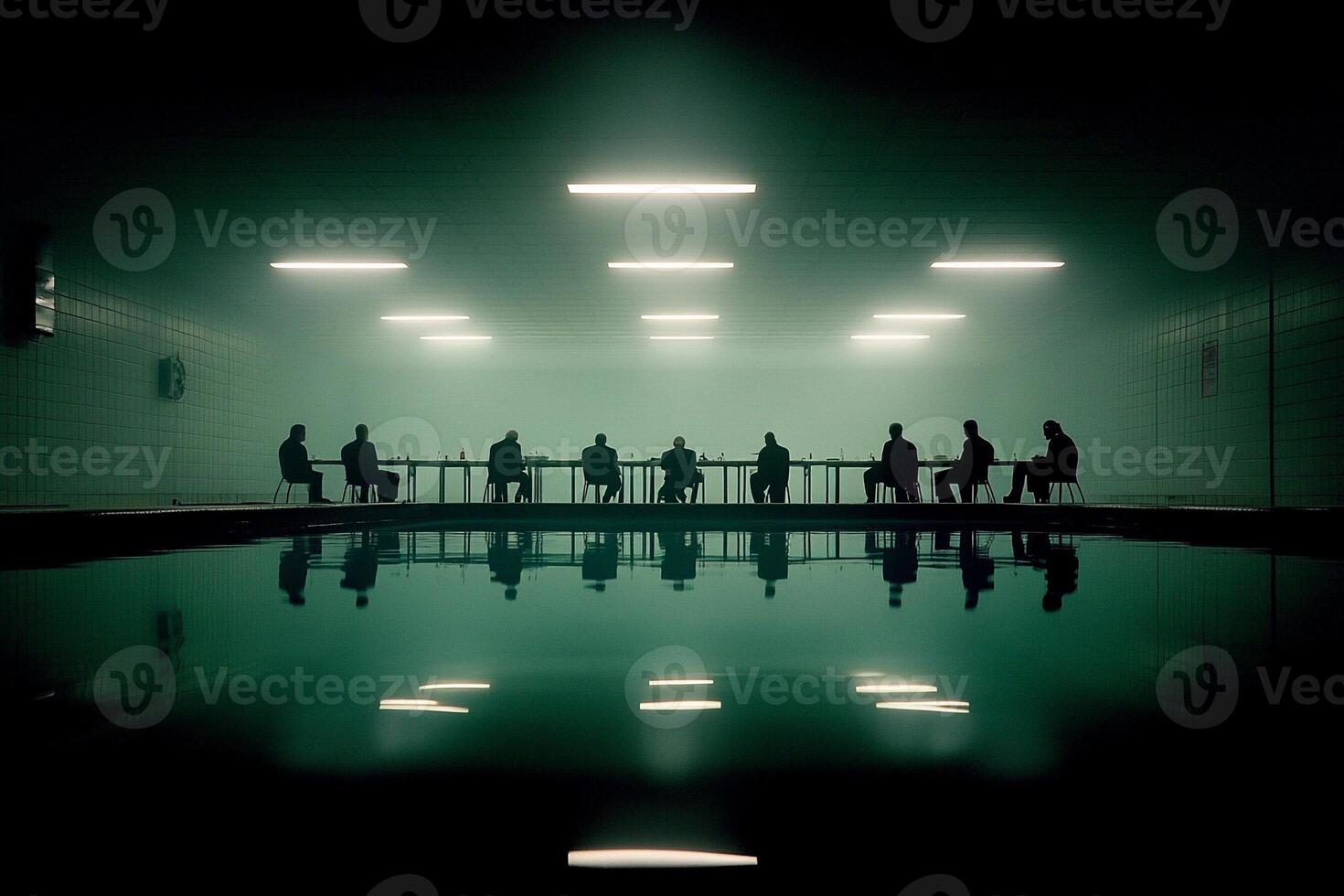 A group of people sitting around a pool in the dark photo