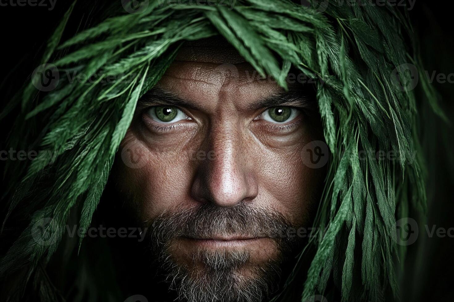 A man with green eyes and a beard covered in leaves photo