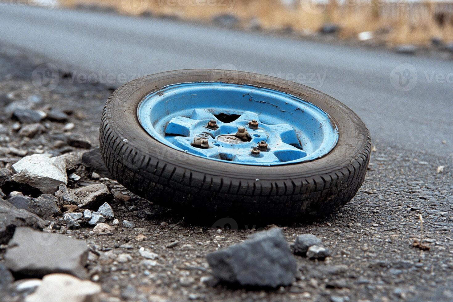 A blue tire on a road photo