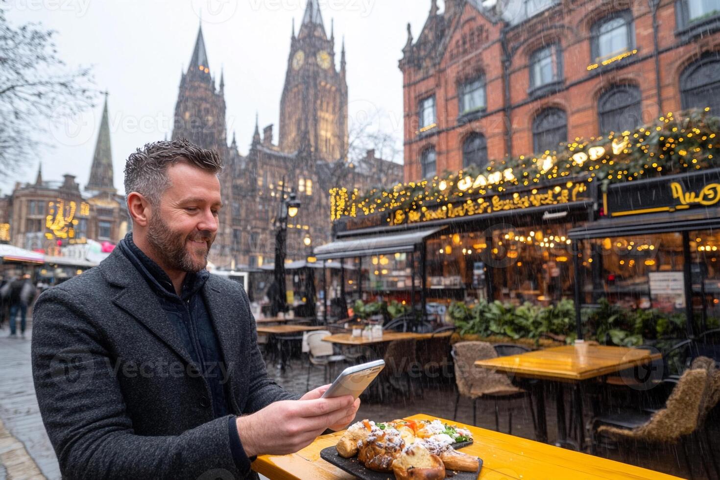 A man standing in front of a restaurant with a phone photo
