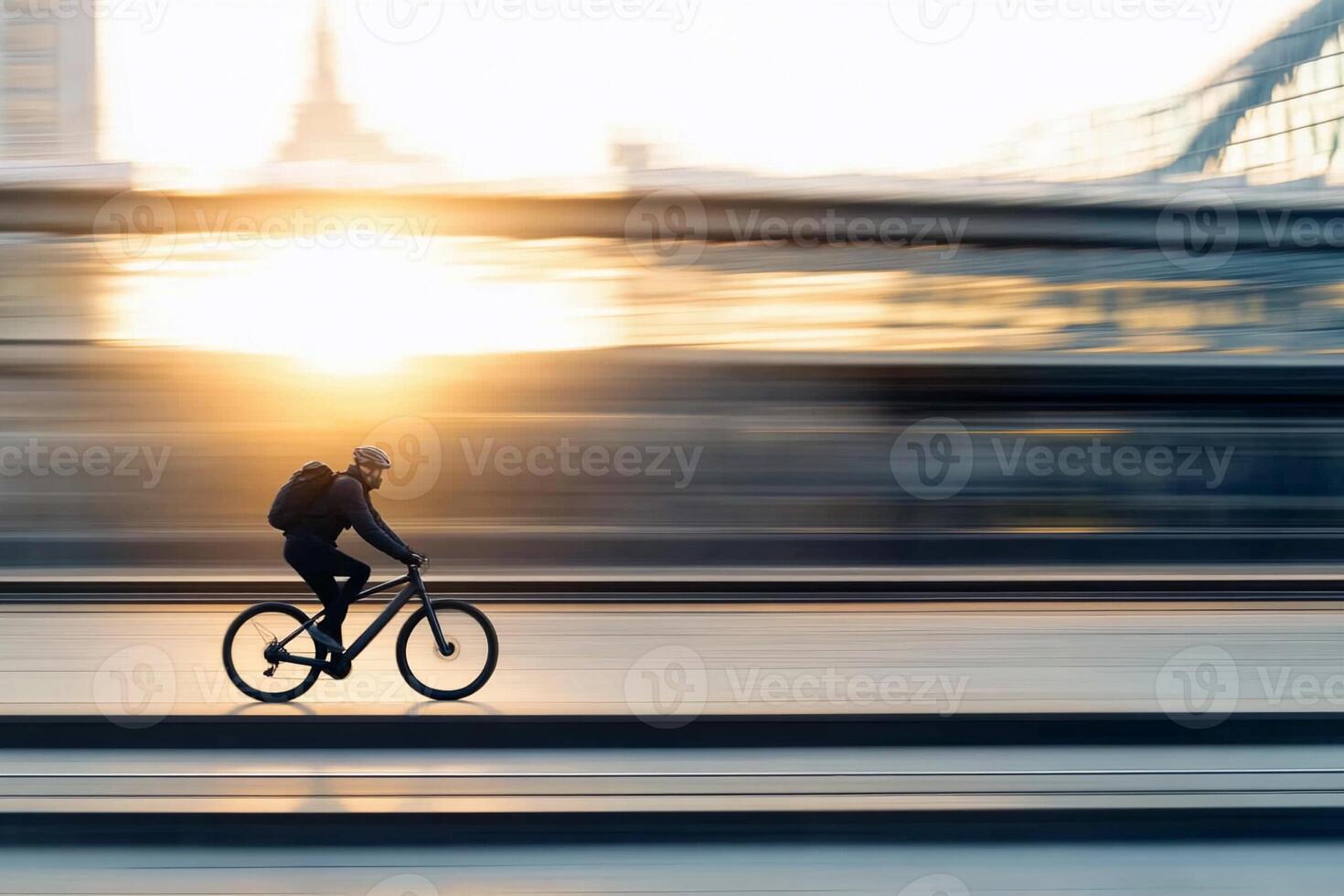 A man riding a bike in front of a city photo