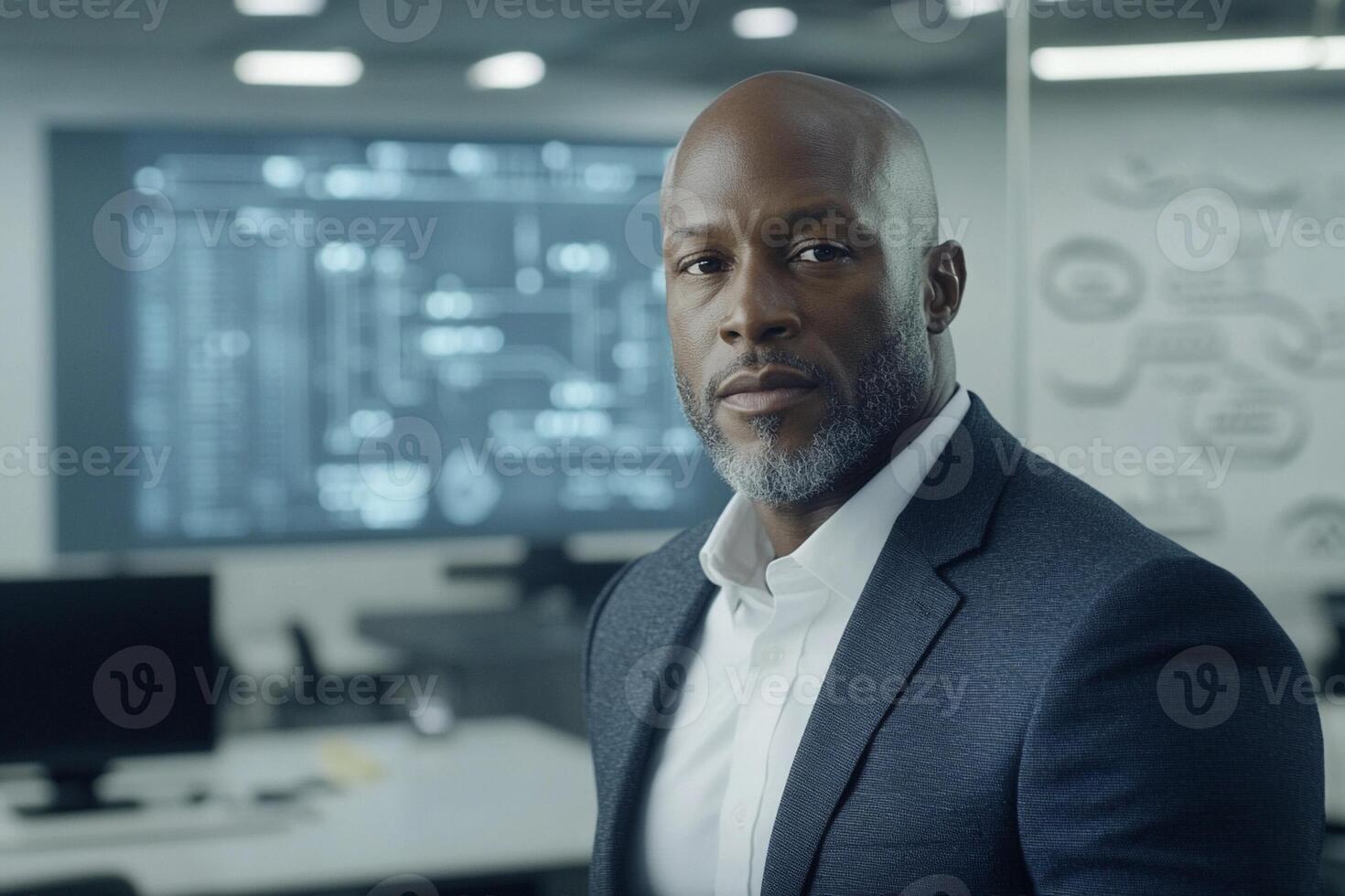 An african american man in a suit standing in front of a computer screen photo
