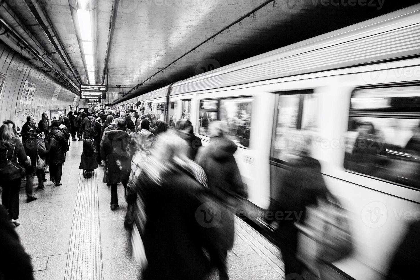 Black and white image of people walking in a subway station photo