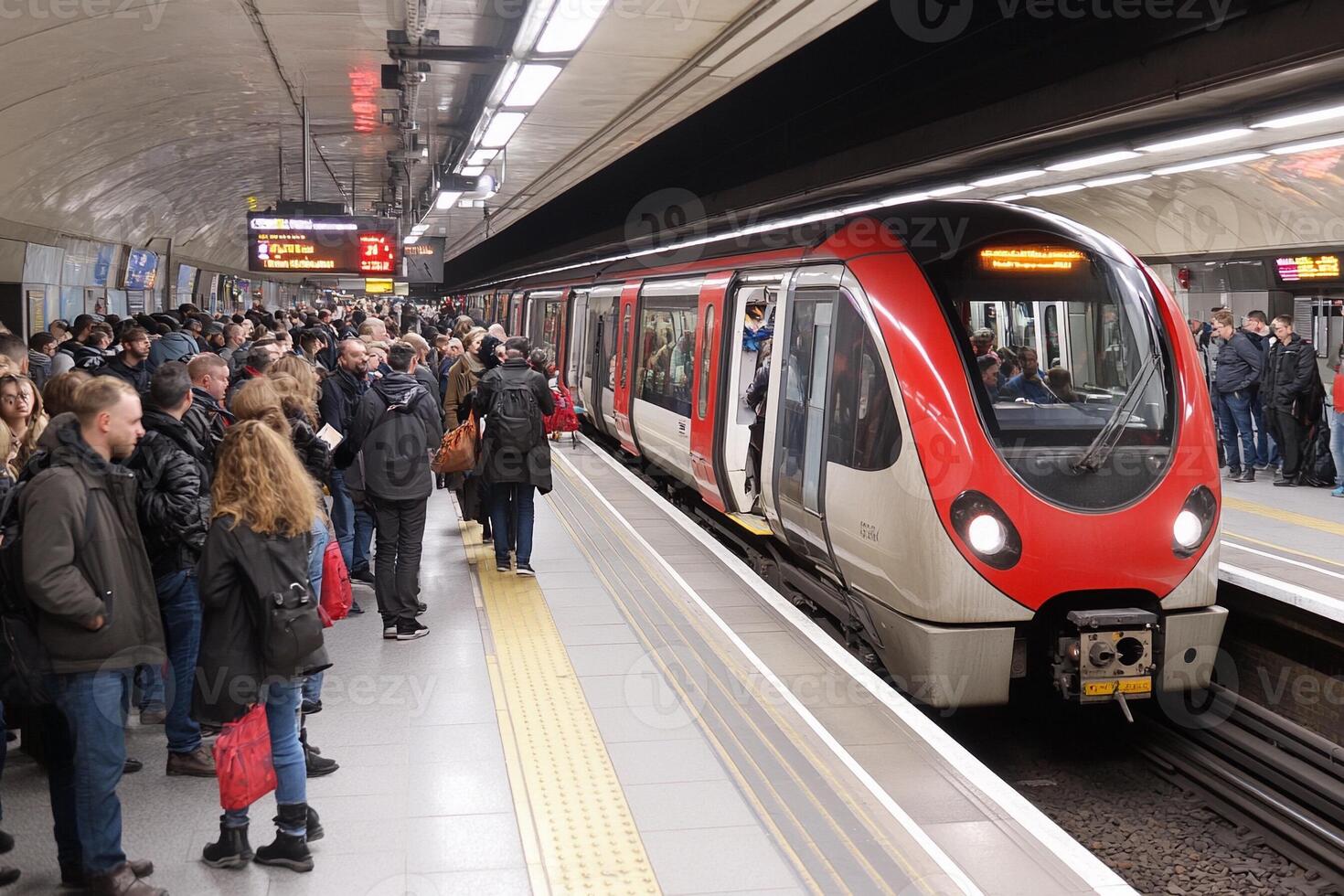 A red and white subway train pulling into a station photo