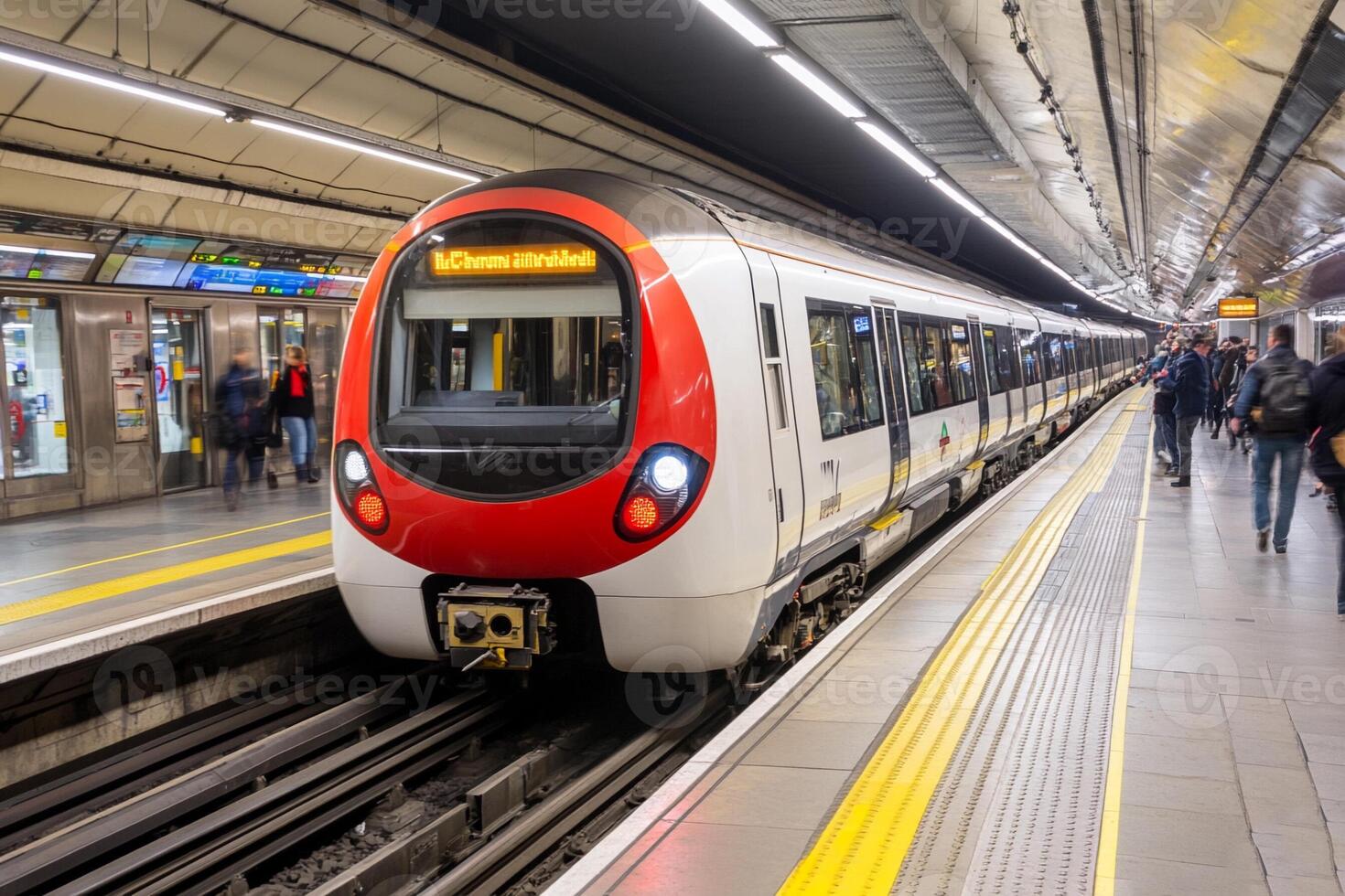 A subway train pulling into a station photo