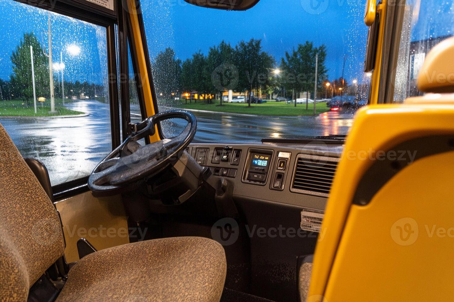 A view of the inside of a bus at night photo