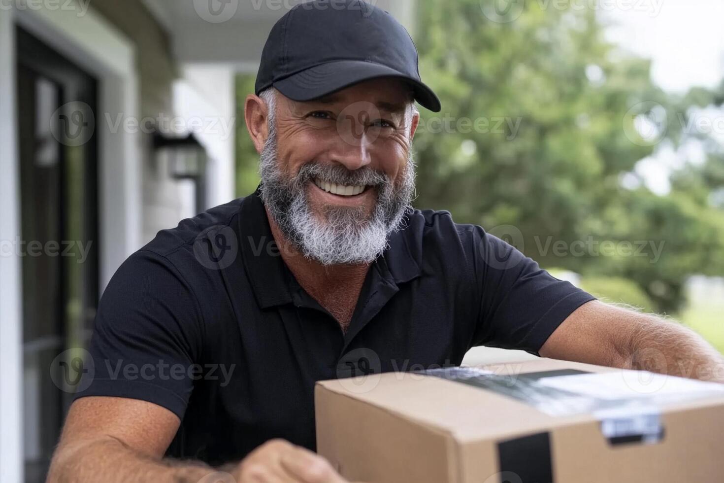 A man with a beard and a cap holding a box photo