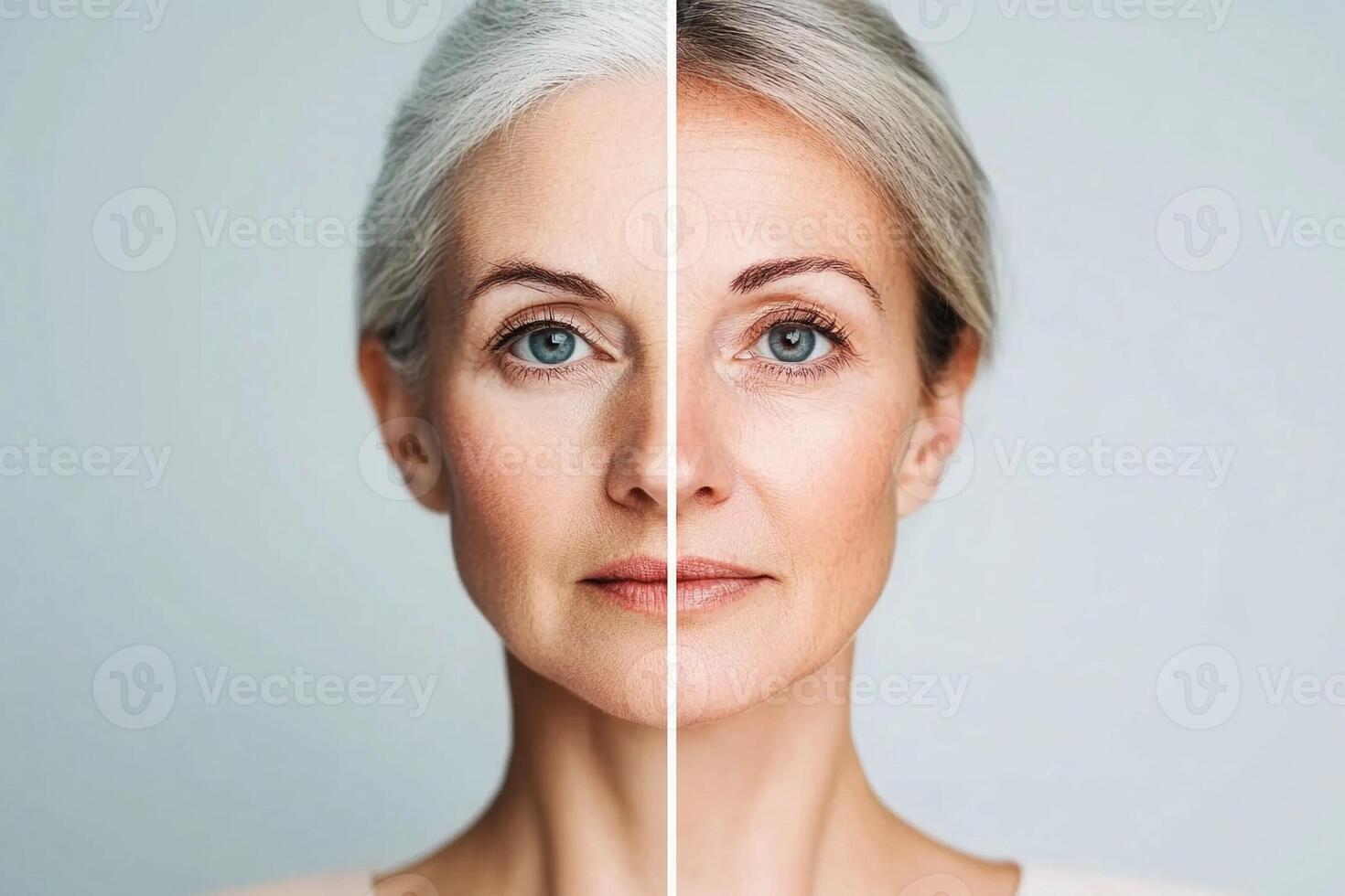 Two images of a woman with gray hair and white skin photo
