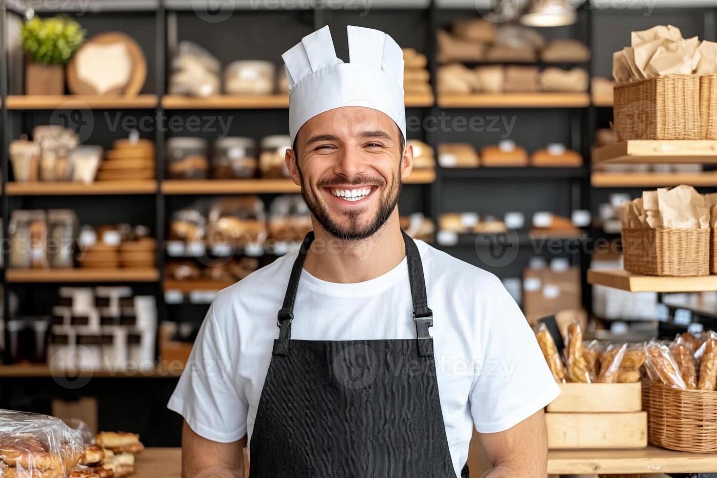 A smiling man in an apron standing in front of a bakery photo