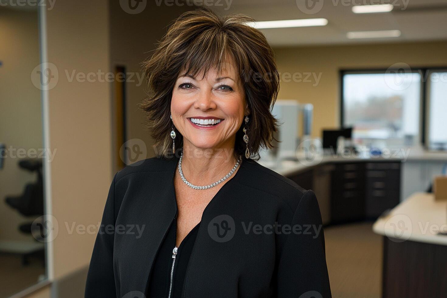 A woman in a business suit smiling in an office photo