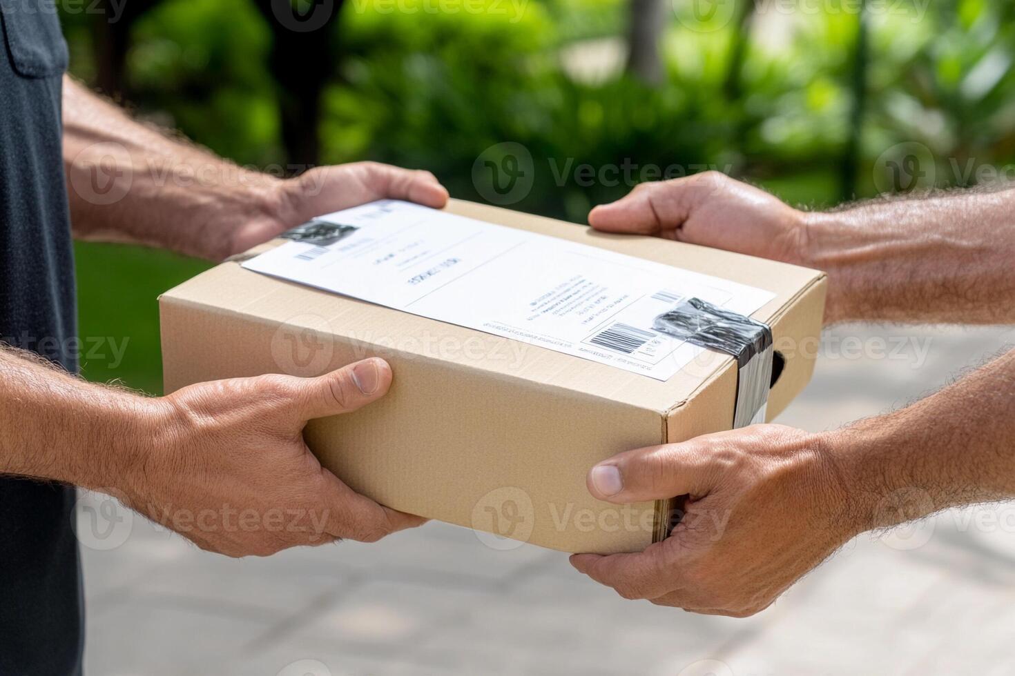 Two men are holding a box with a label on it photo