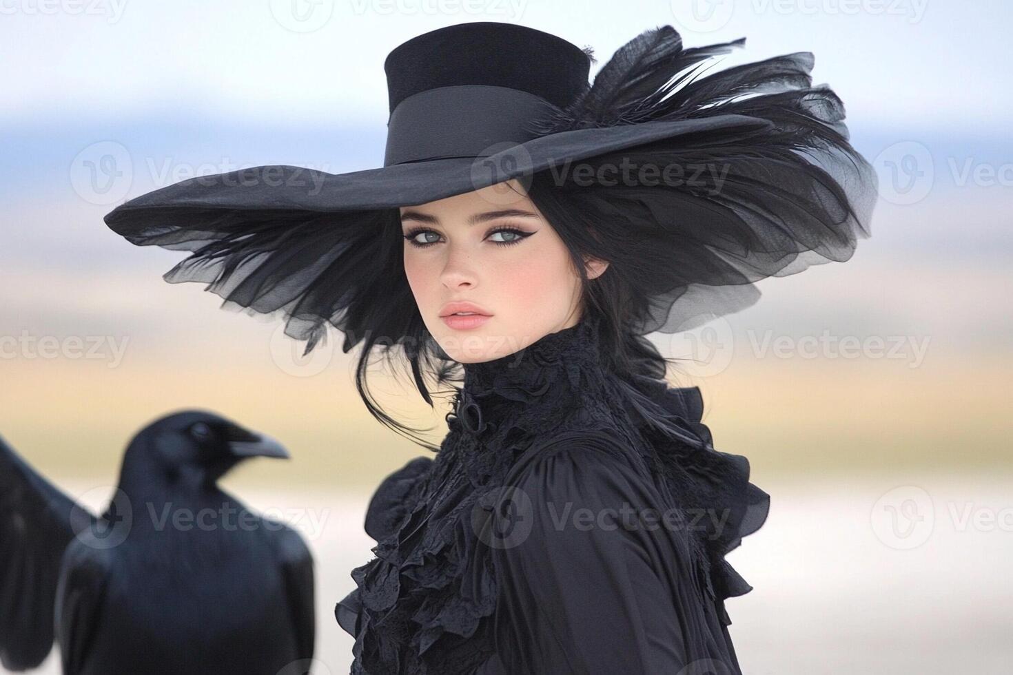 A woman in a black hat and black dress with a crow photo