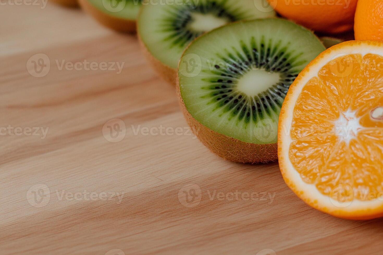 A group of oranges and kiwi on a table photo