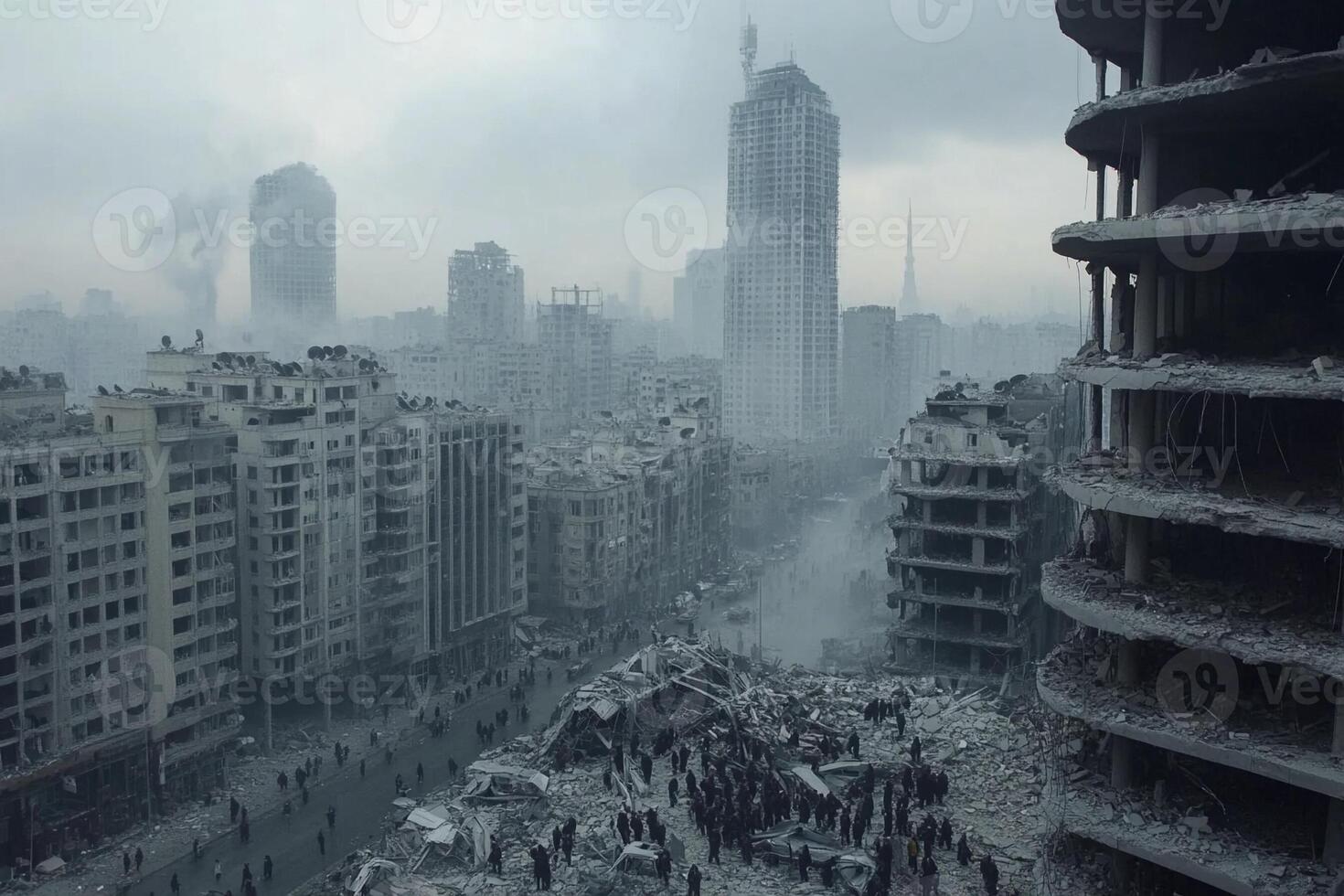 A city street is covered in rubble and debris photo