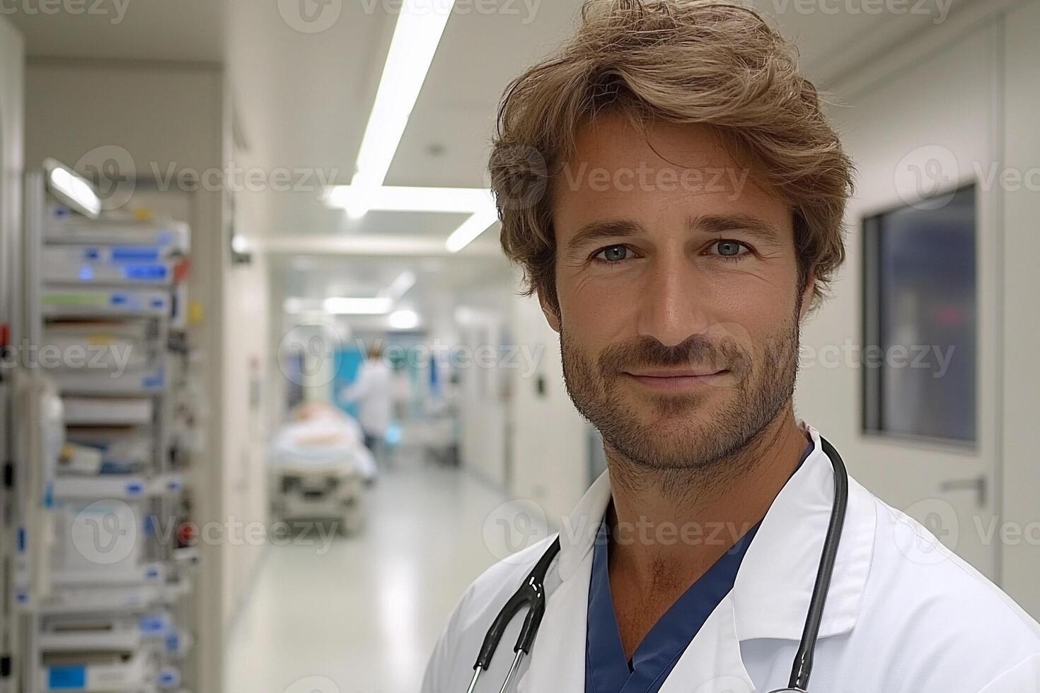 A male doctor standing in a hospital hallway photo