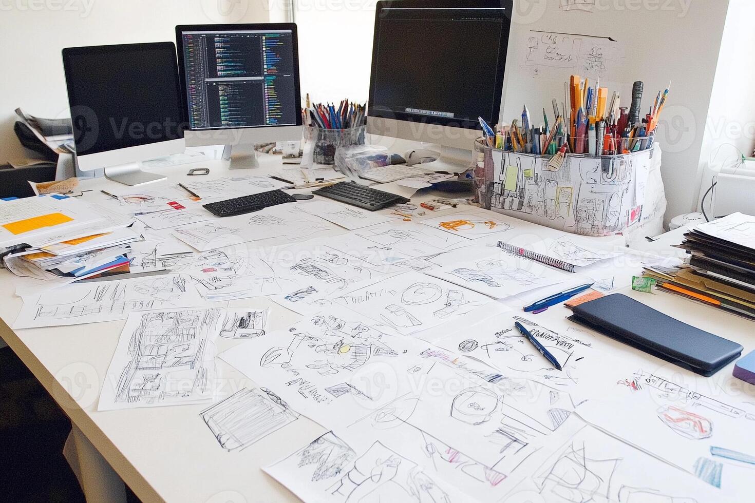A desk with lots of paper and pens on it photo