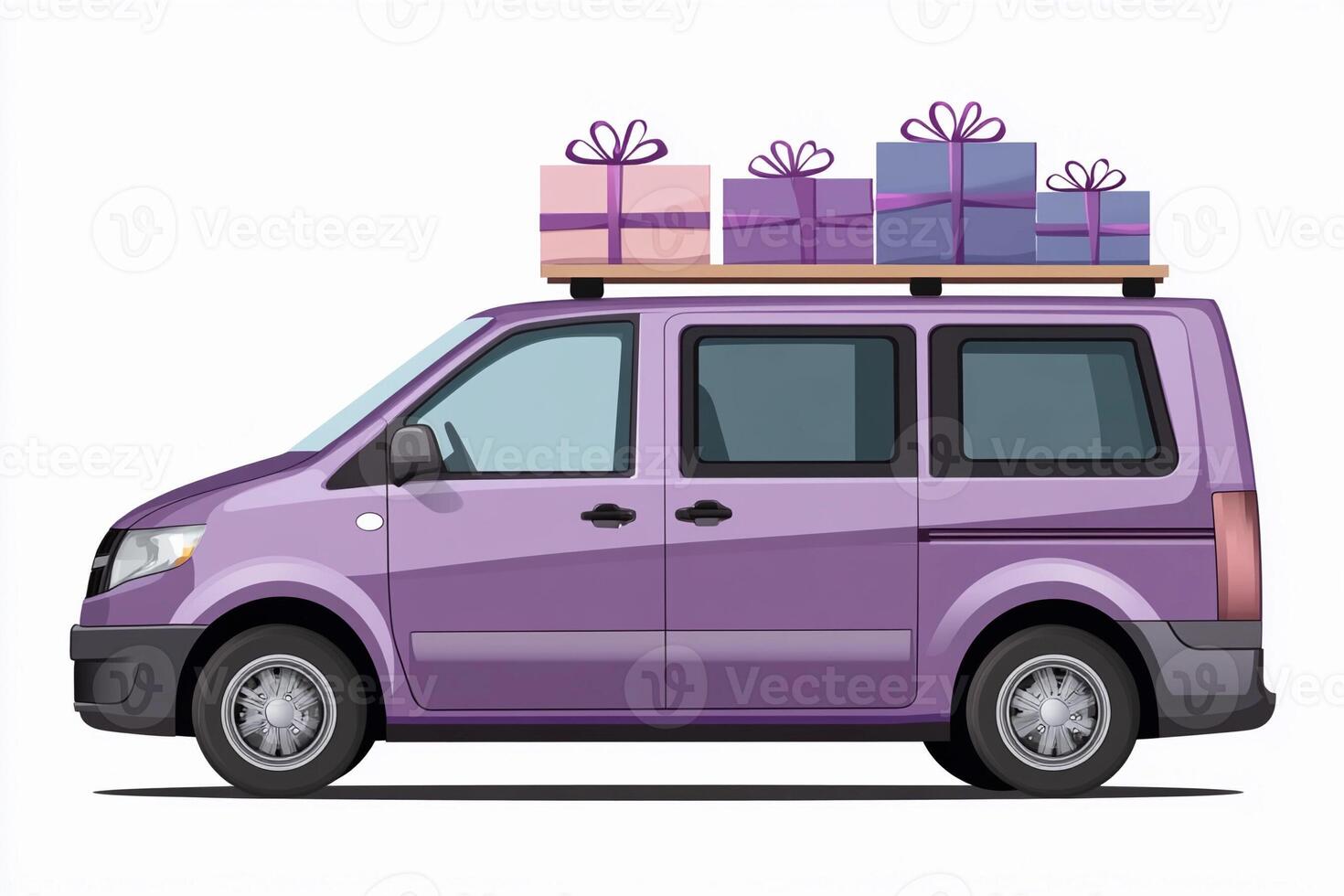 A purple van with presents on top photo