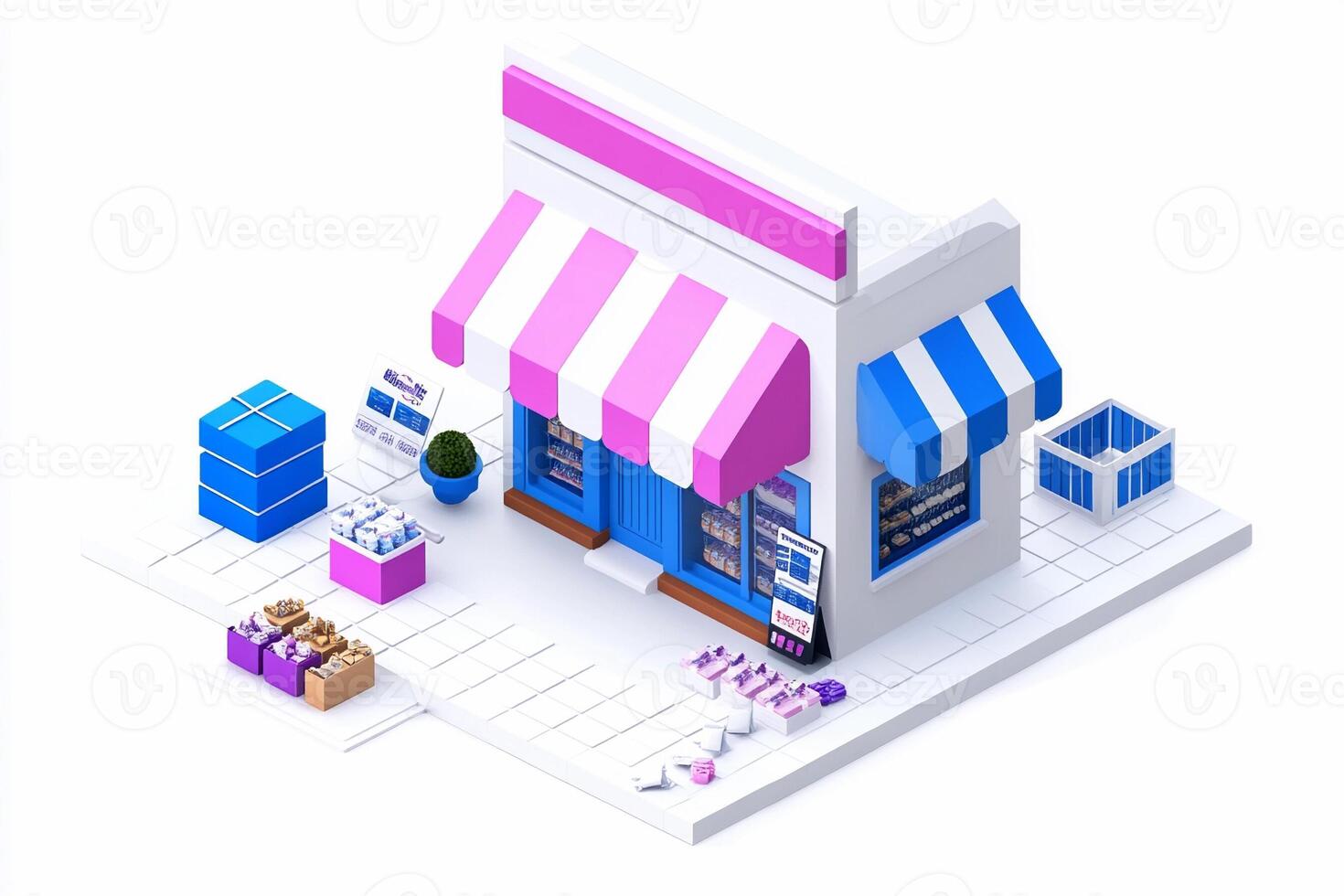 A small store with a pink awning and a pink sign photo