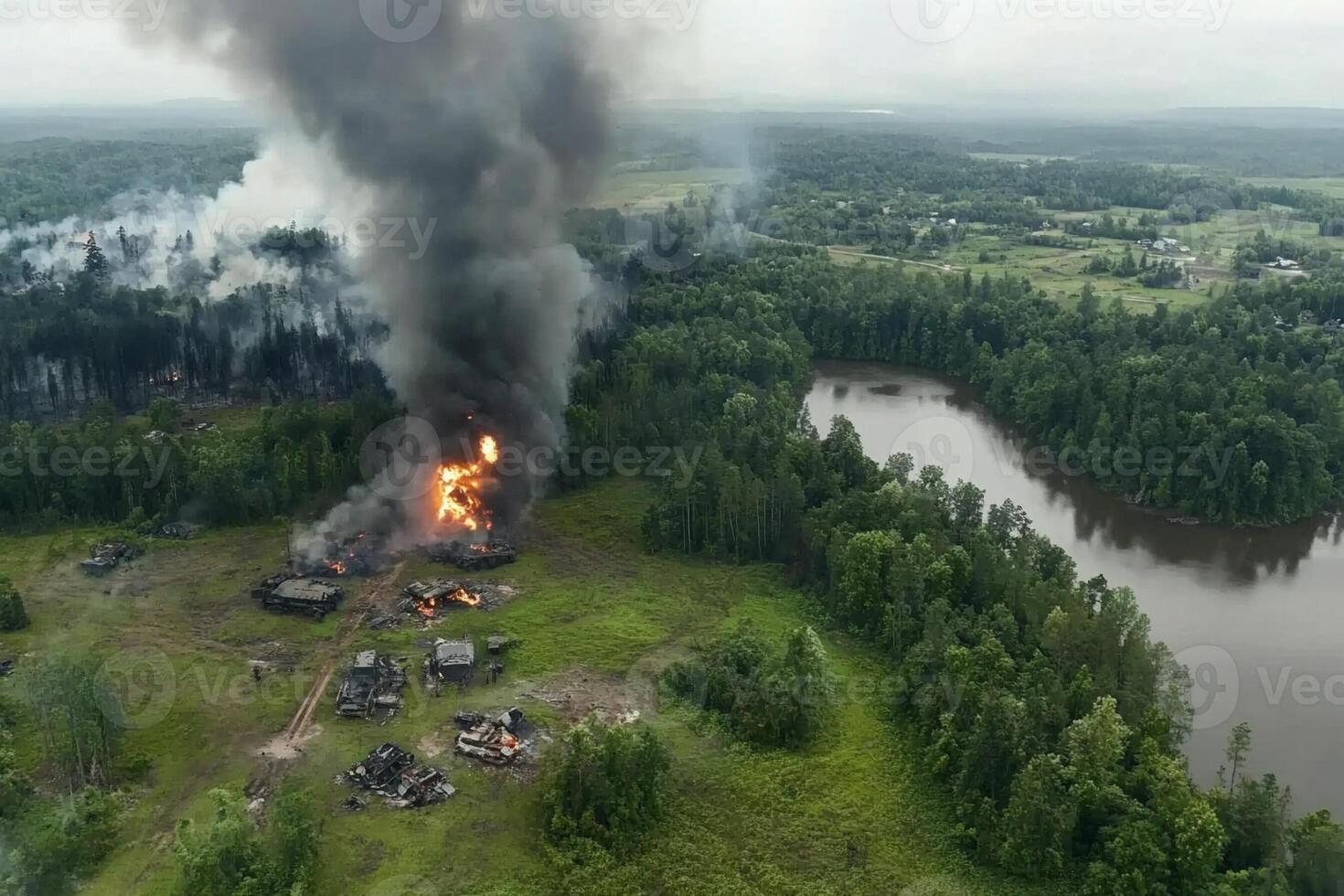 A large fire is burning in the middle of a forest photo