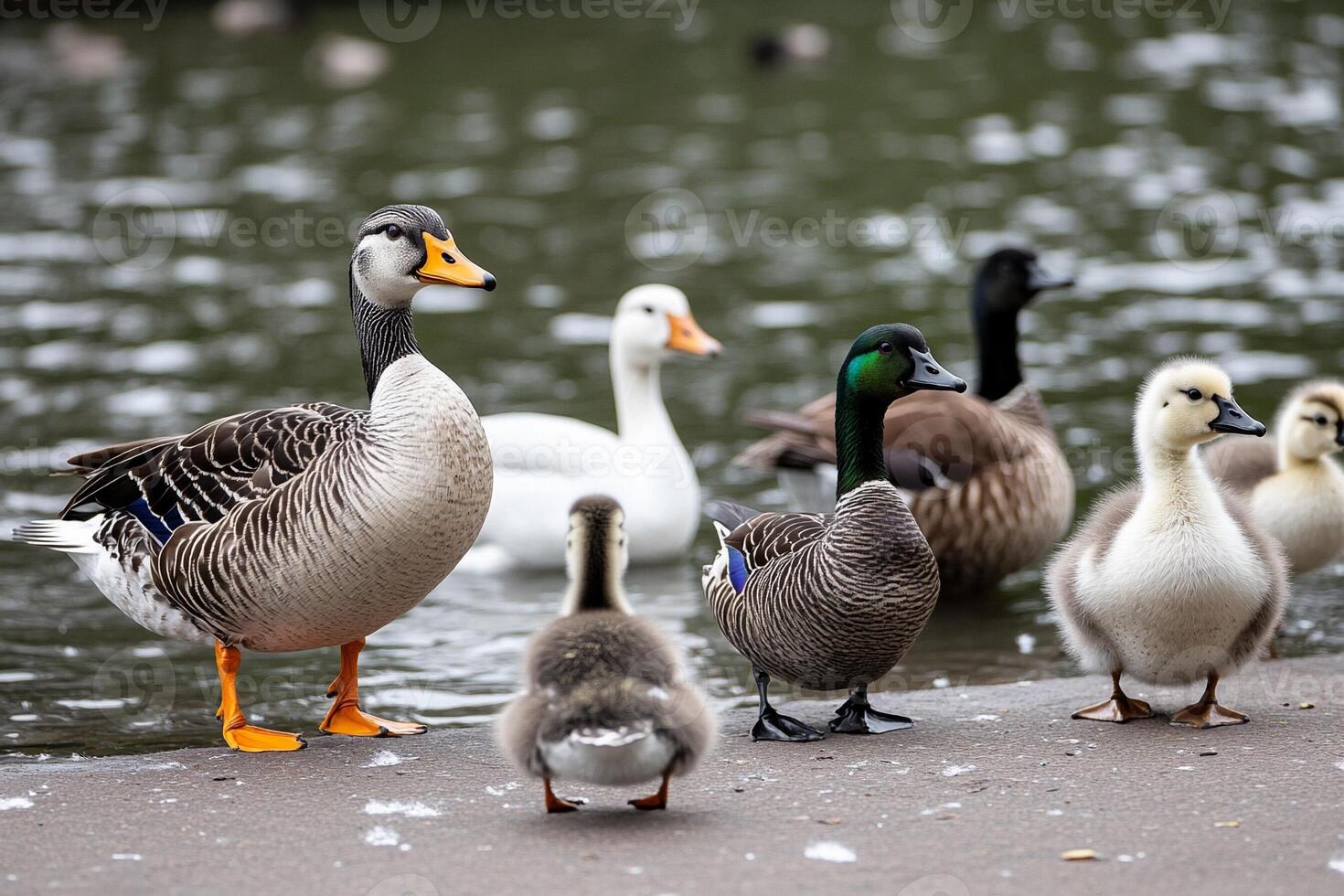 A group of ducks standing on the ground photo