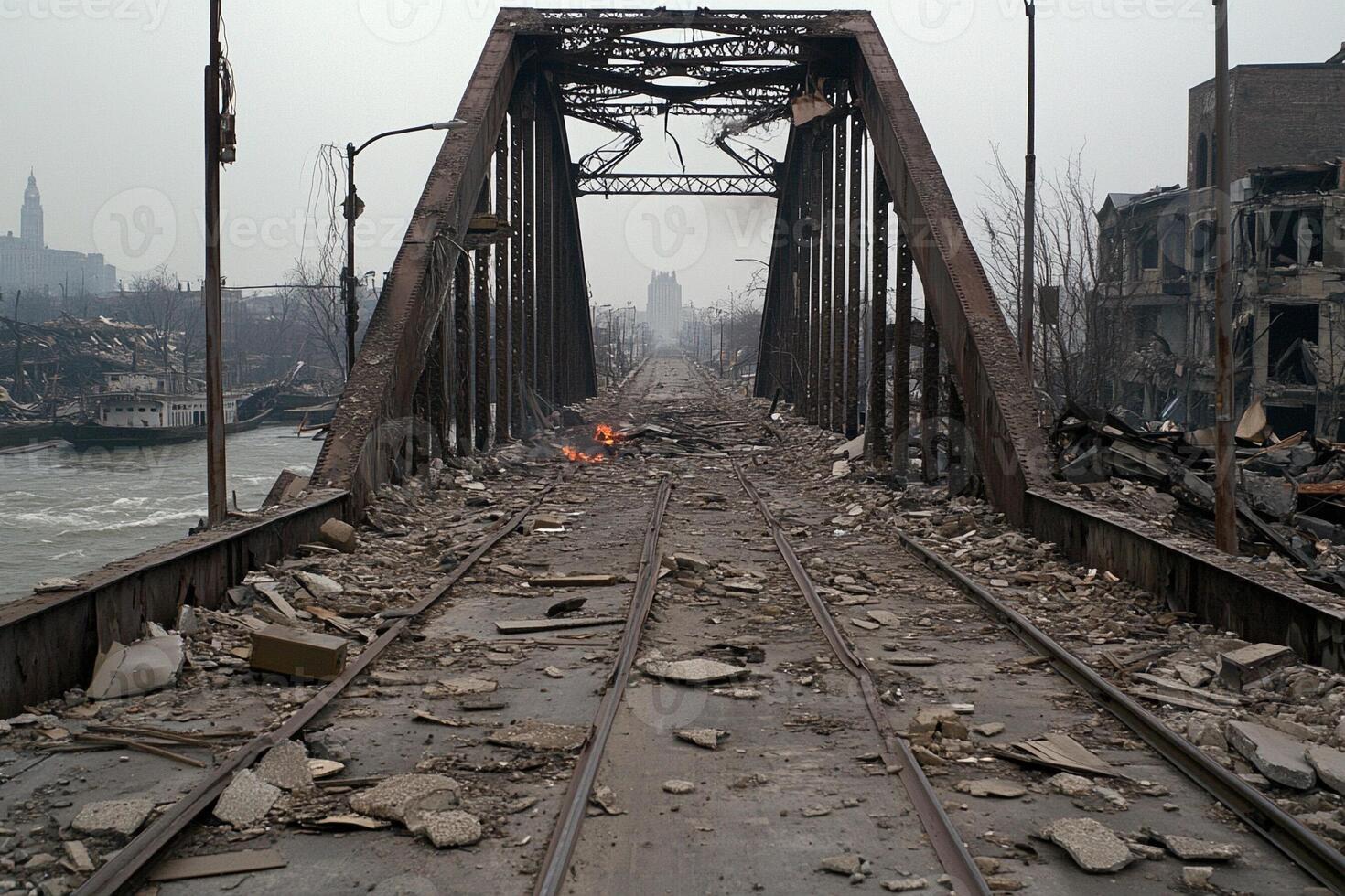 A bridge that is covered in rubble and debris photo