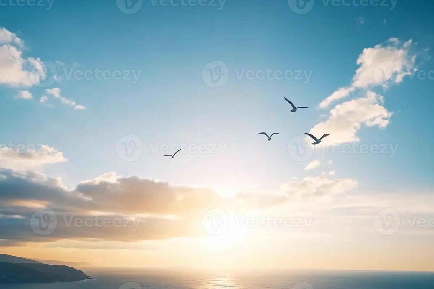 Birds flying over the ocean at sunset photo