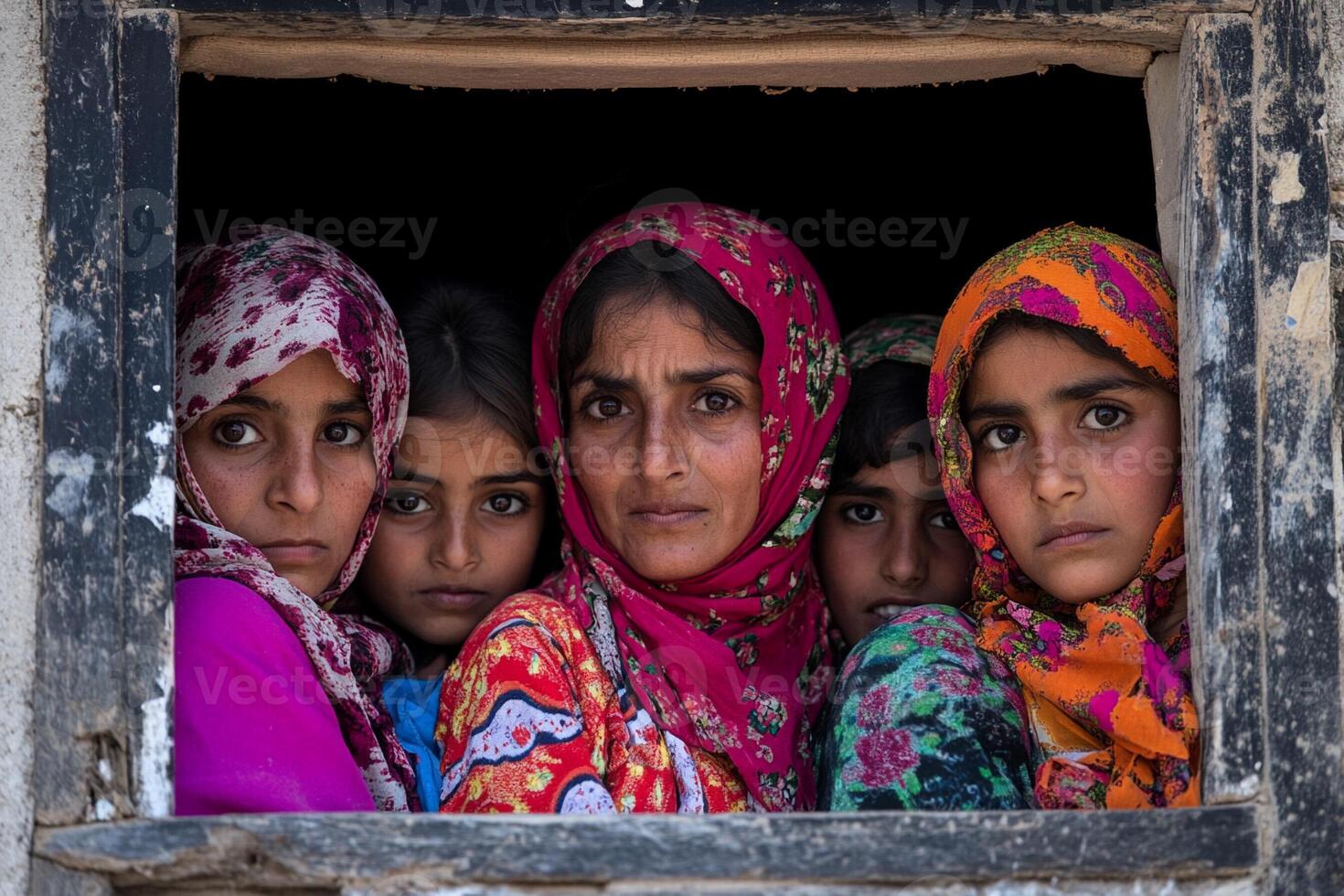 A group of women looking out of a window photo