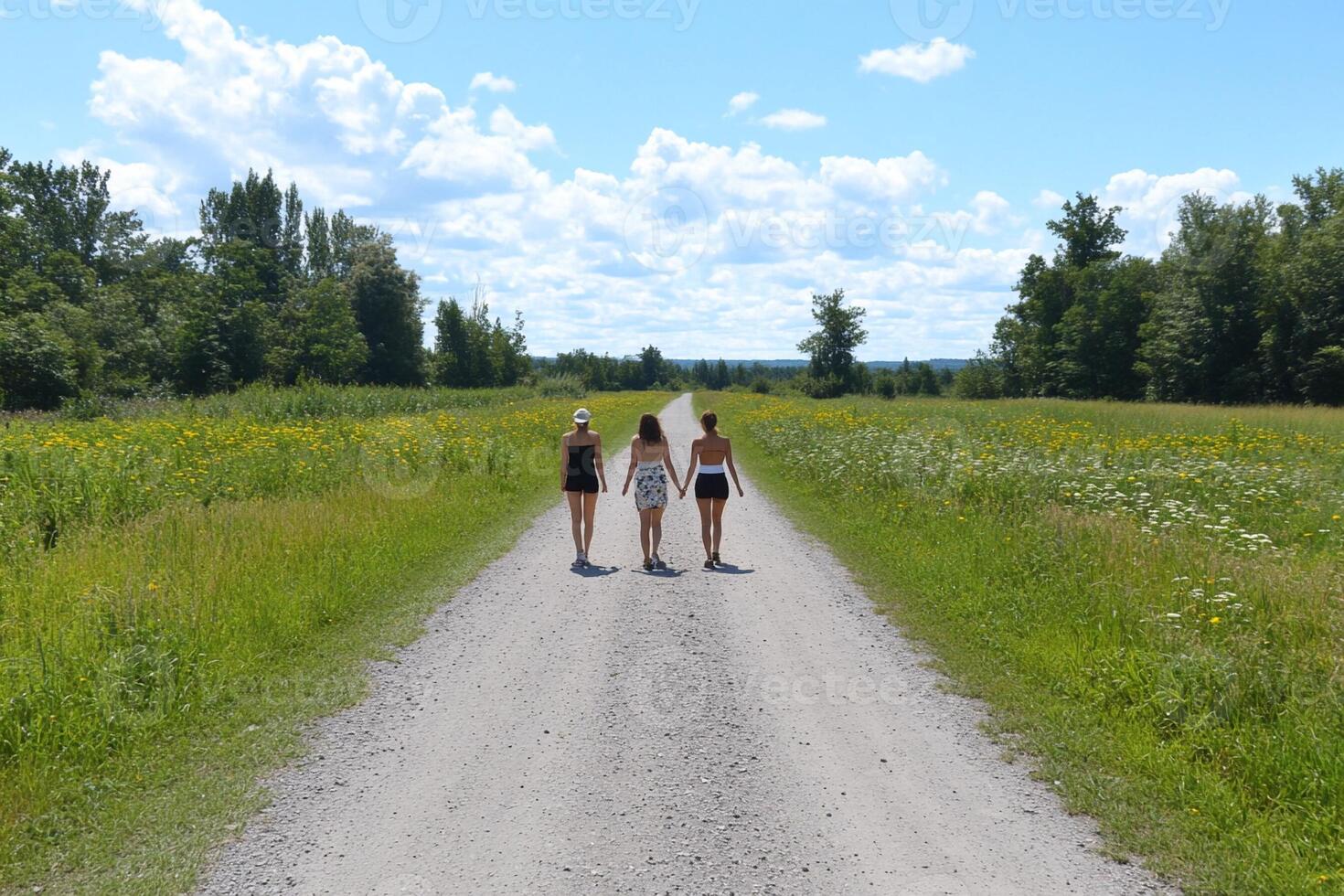 Three girls walking down a dirt road photo