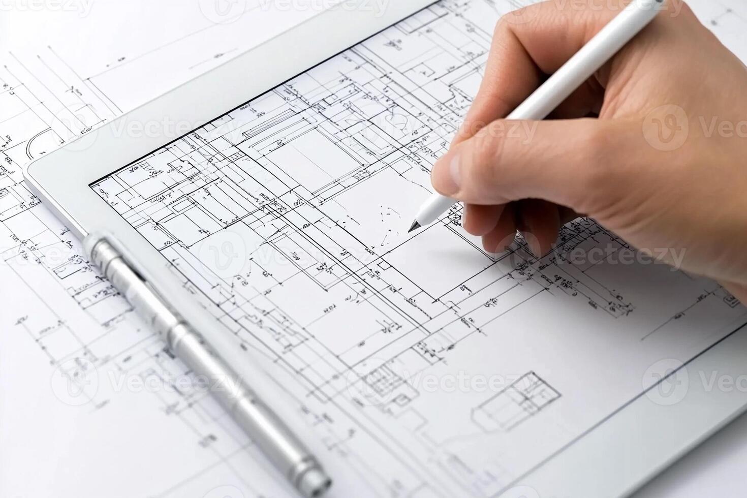 A person's hand is holding a pen and drawing on a tablet computer photo