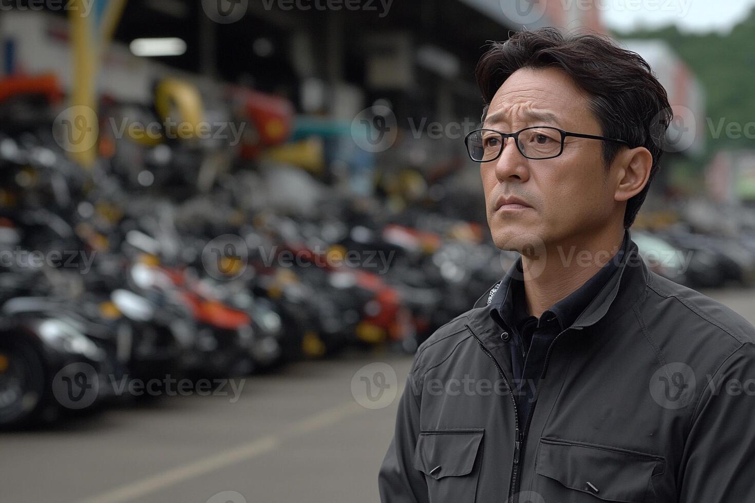 A man in glasses standing in front of a row of motorcycles photo