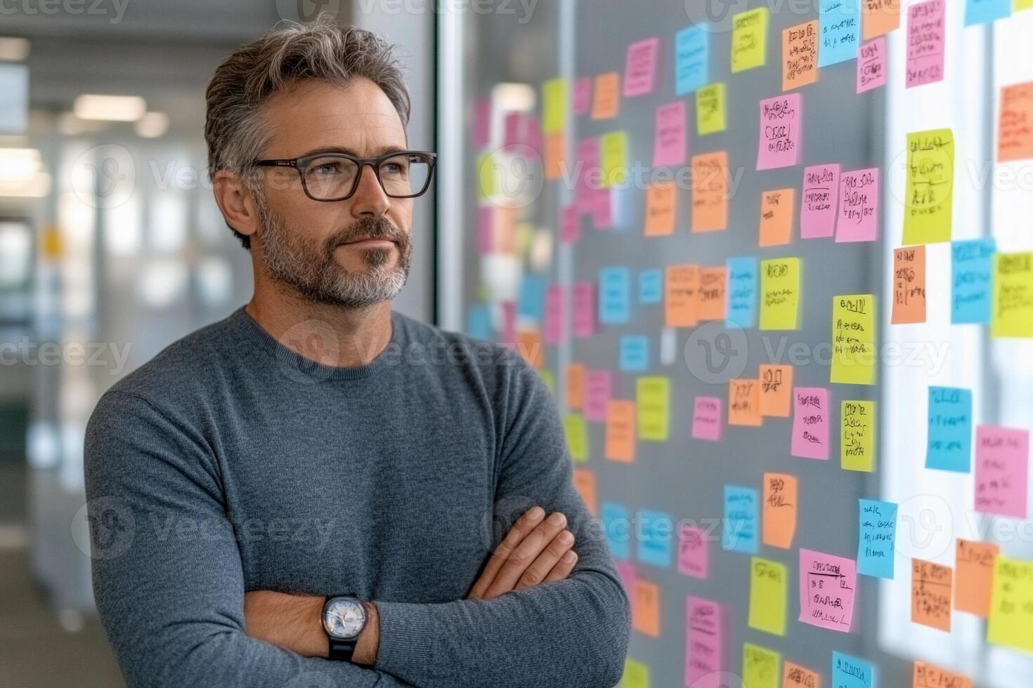Man standing in front of sticky notes on wall photo