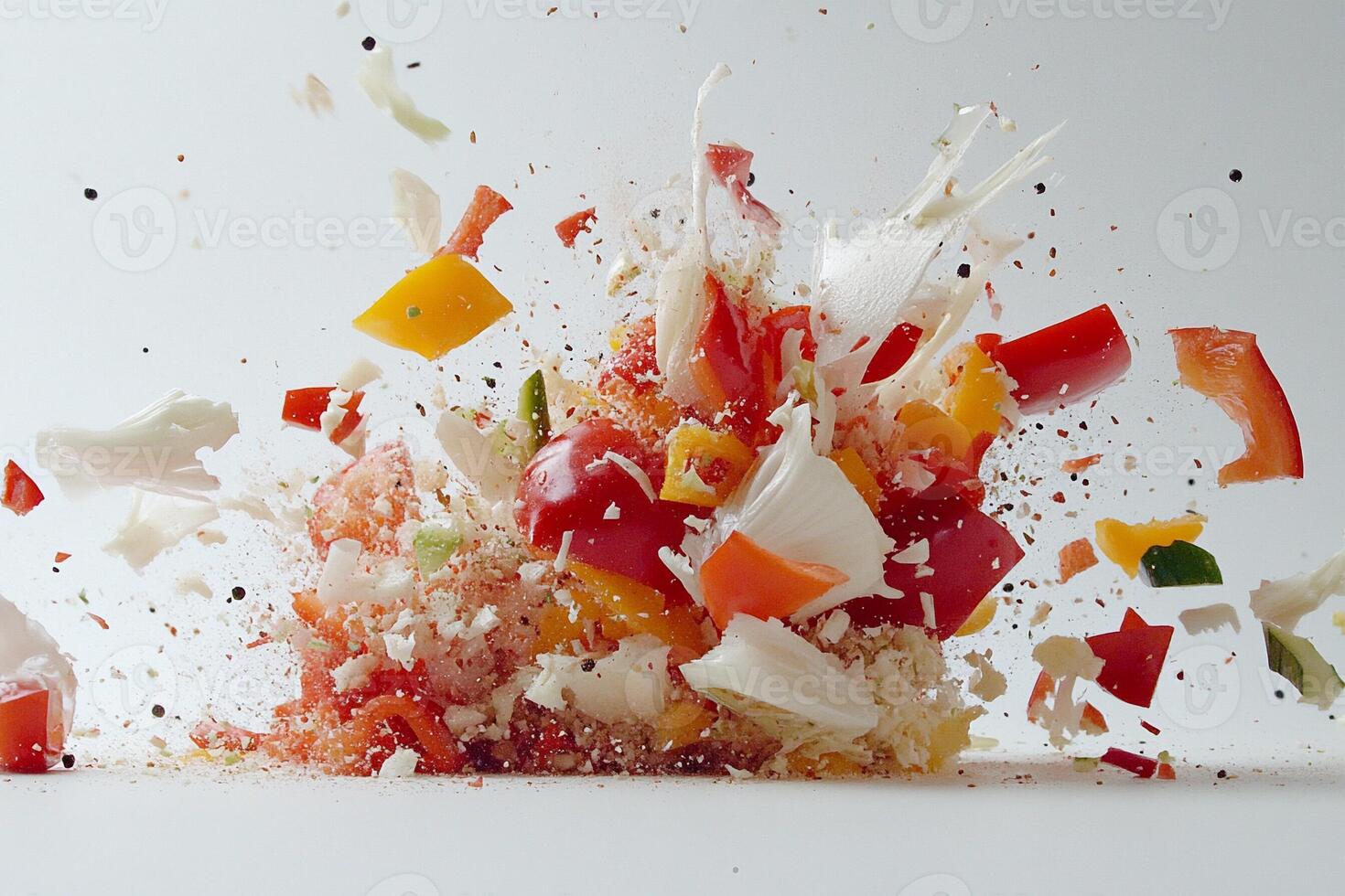 A pile of chopped vegetables being thrown into the air photo