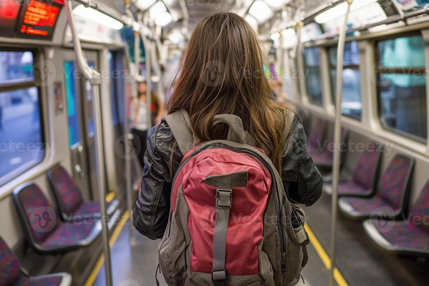 A woman with a backpack on a subway train photo