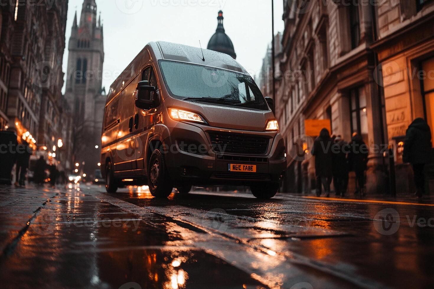 A van driving down a wet street at night photo
