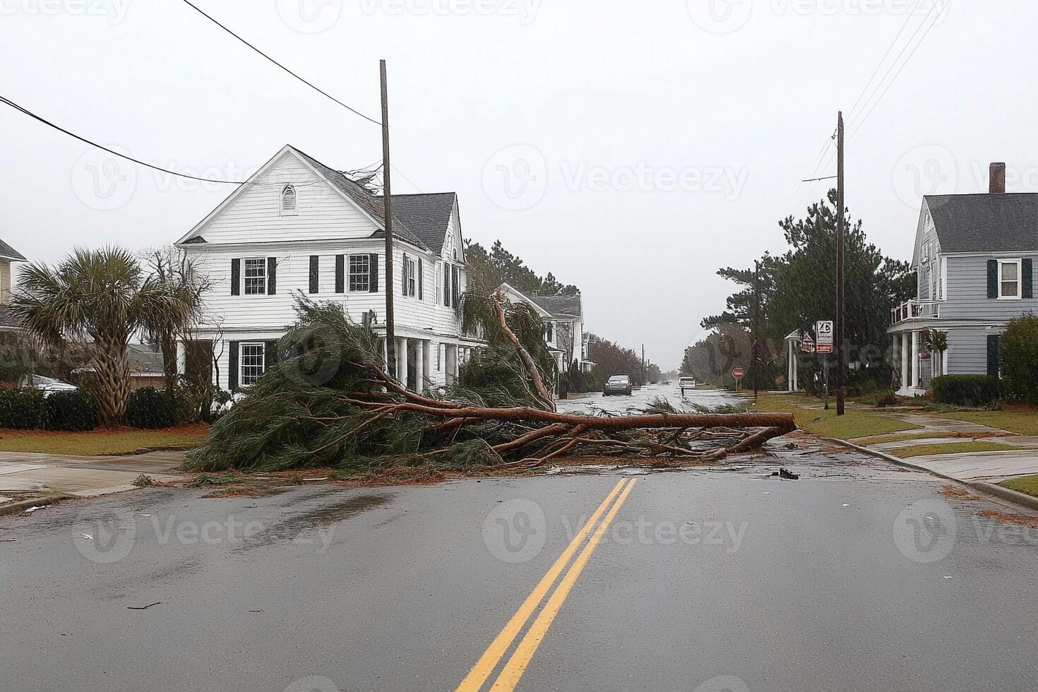 A tree is down on a street in front of houses photo