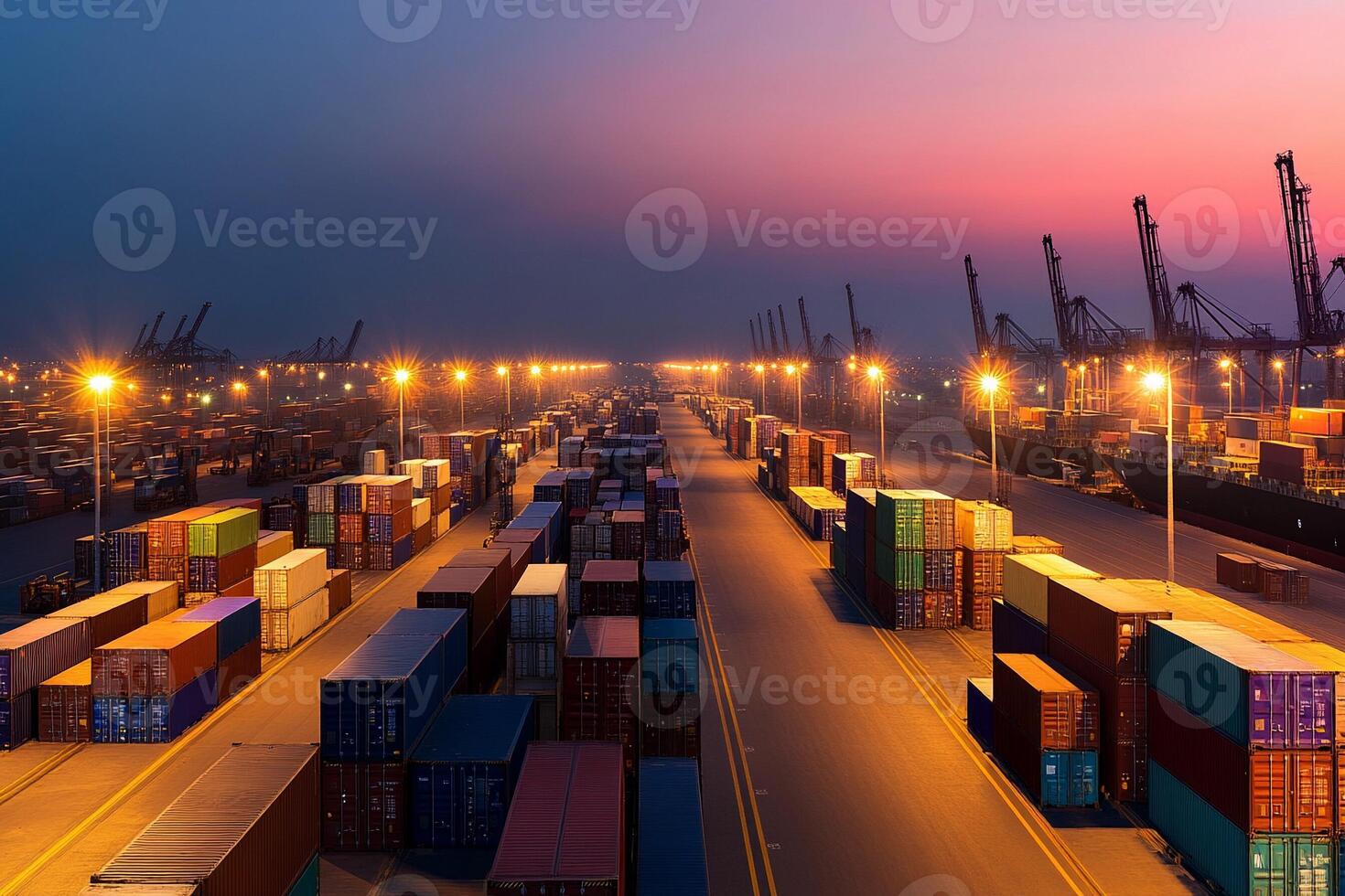 A view of a port at dusk with containers stacked on top photo