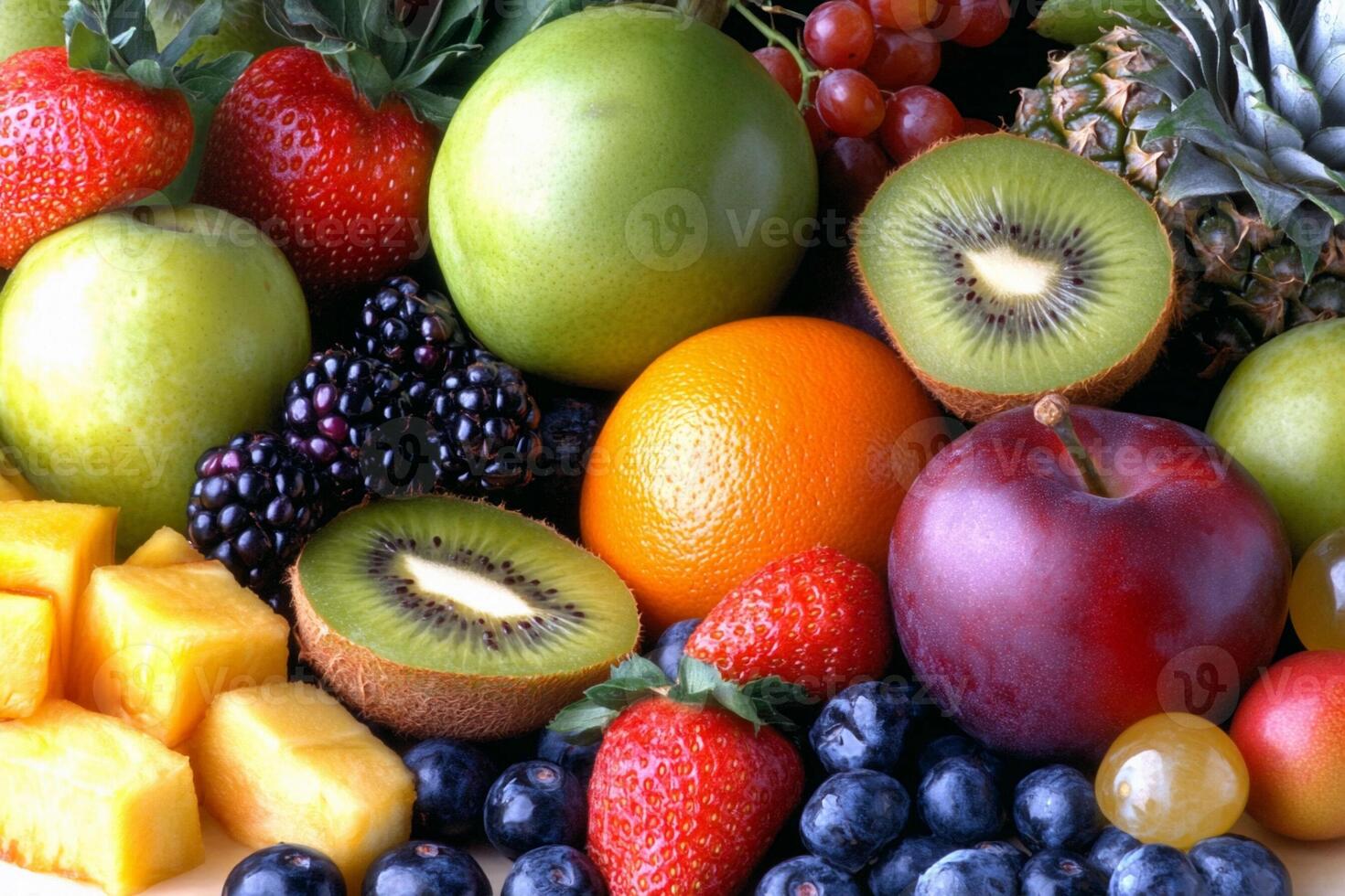 A pile of fruit with a kiwi, strawberries, blueberries, and oranges photo