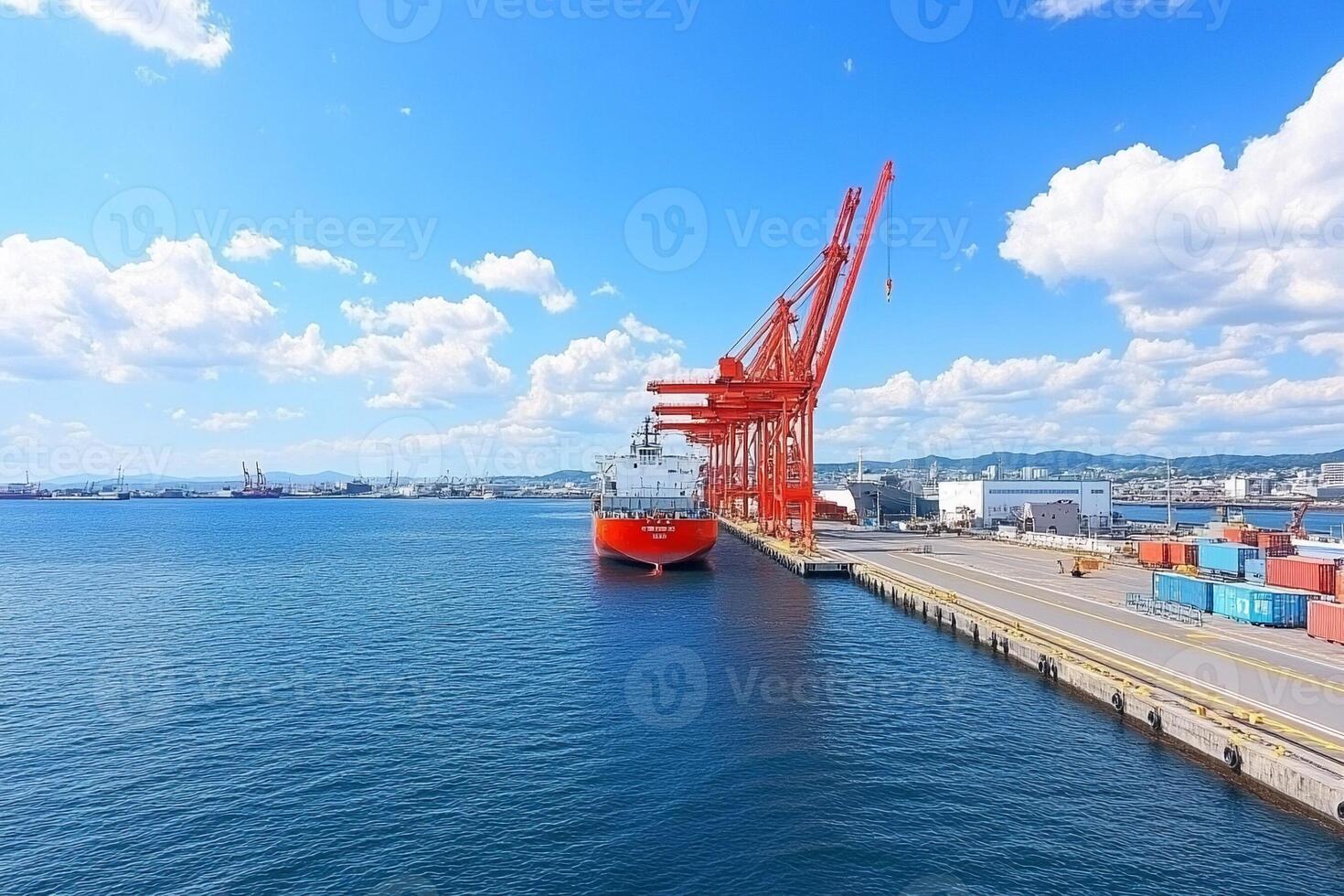 A large red cargo ship docked at a port photo