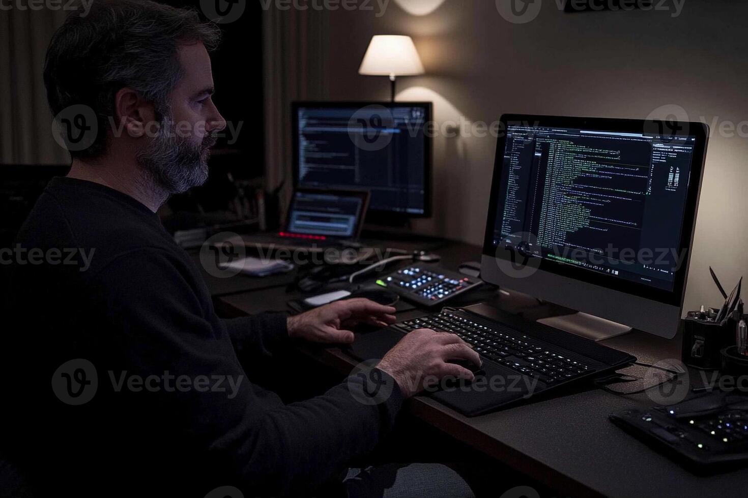 A man is sitting at a desk with two computers and a keyboard photo