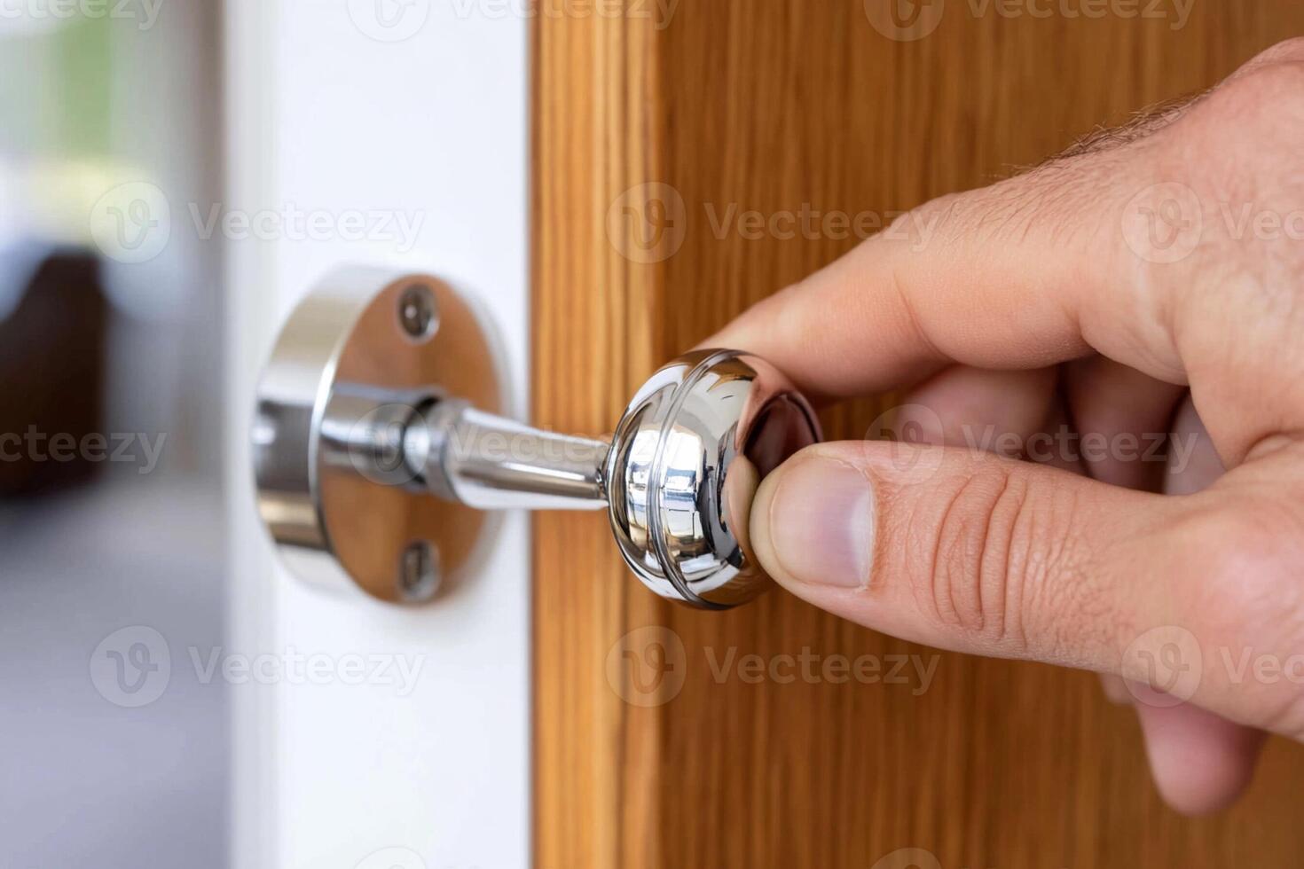 A person is opening a door handle with a metal knob photo