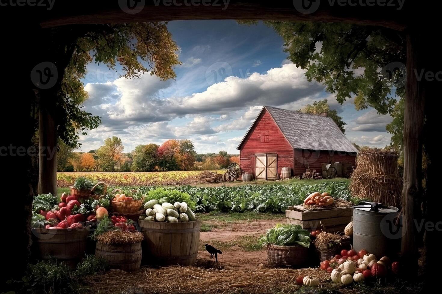 An open door leads to a farm with vegetables and a barn photo