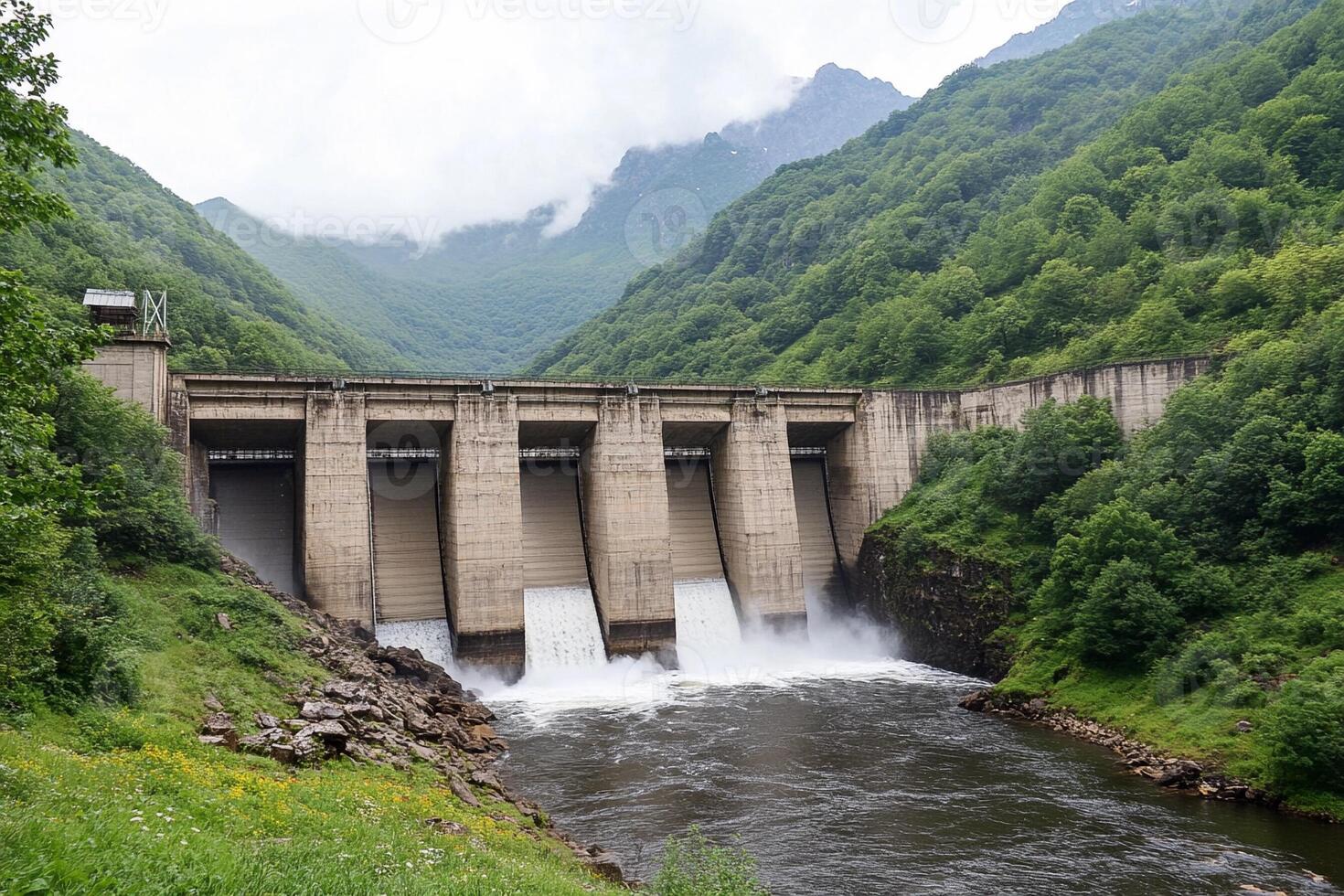 A dam with water flowing over it in the mountains photo