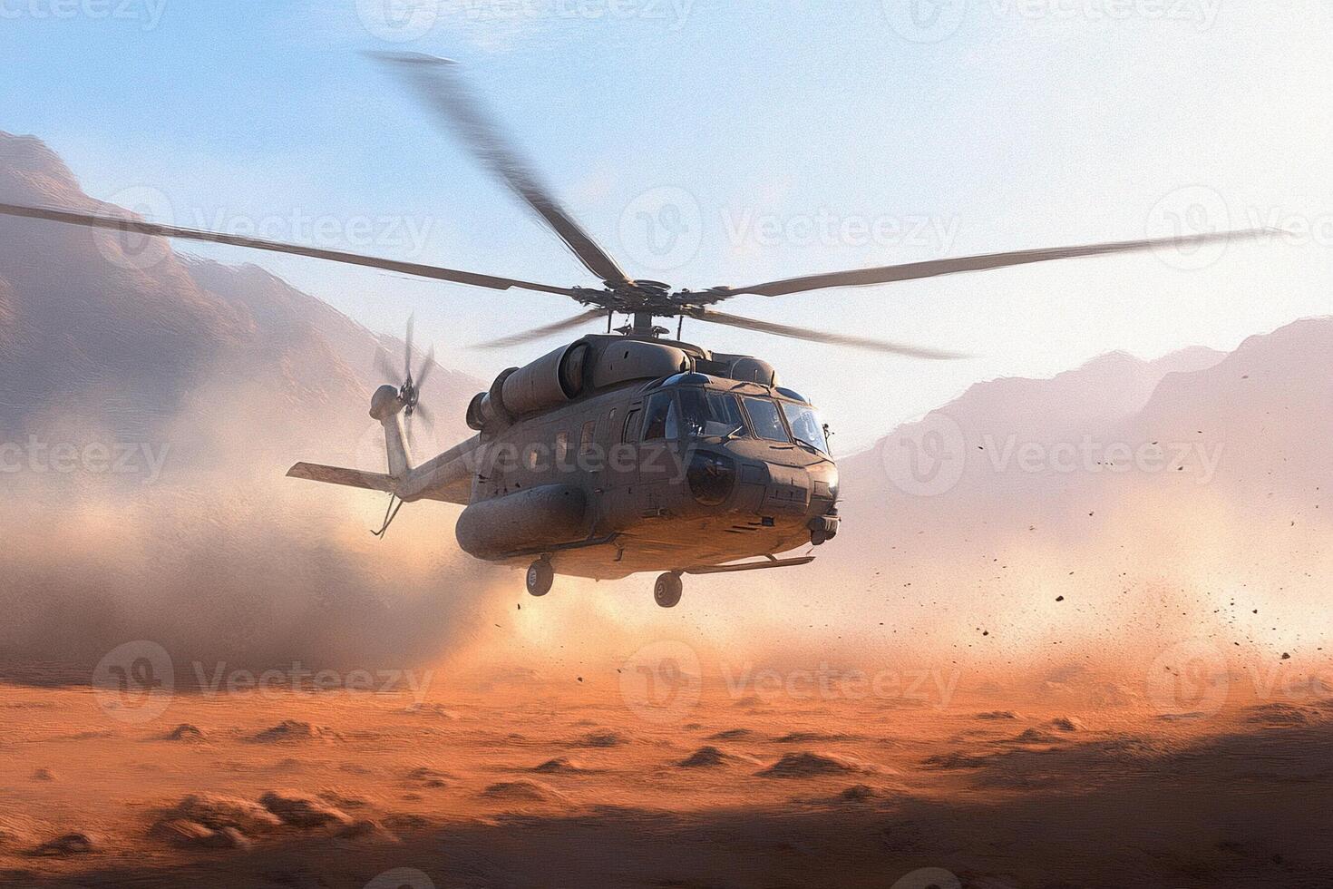 A military helicopter flying over a desert area photo