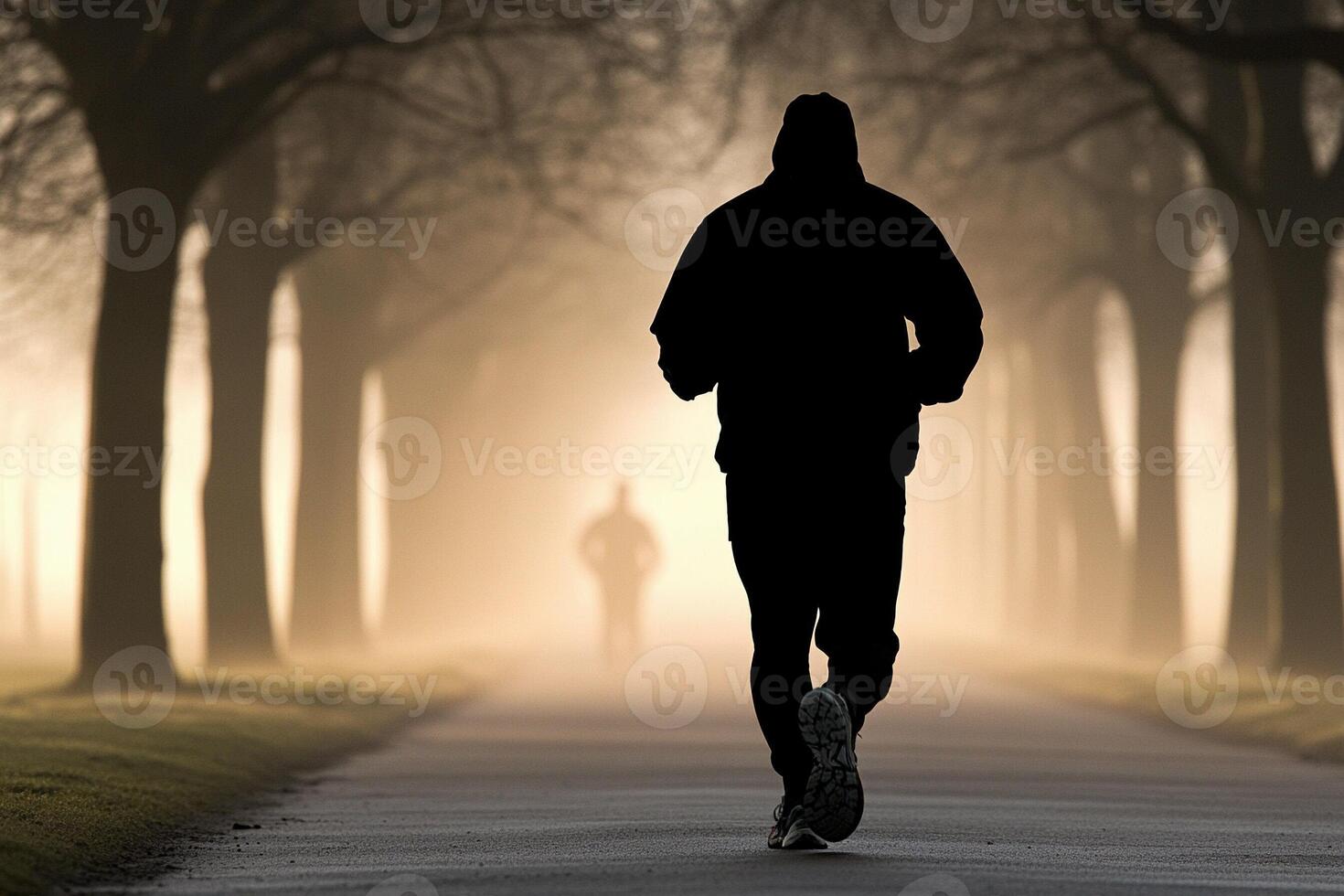 A man jogging down a path in the fog photo