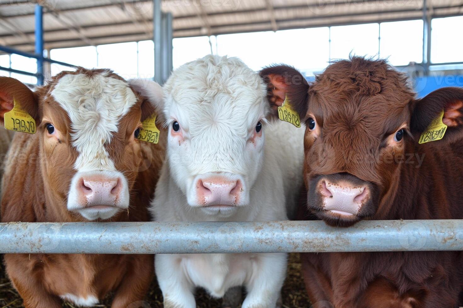 Three cows standing in a pen with hay photo