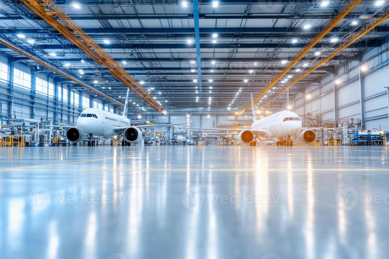 An airplane is sitting in a large factory photo
