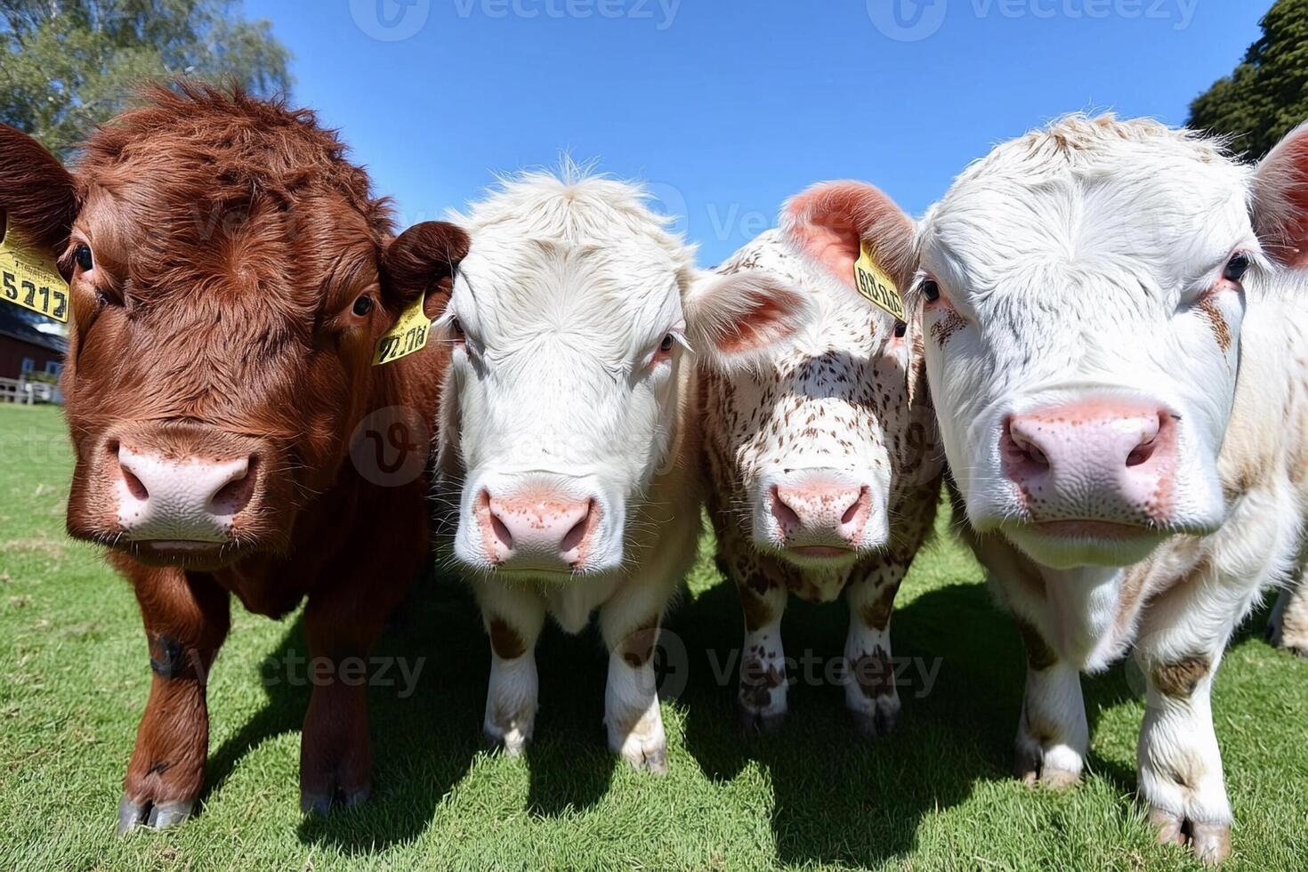 Three cows standing in a row on a grassy field photo